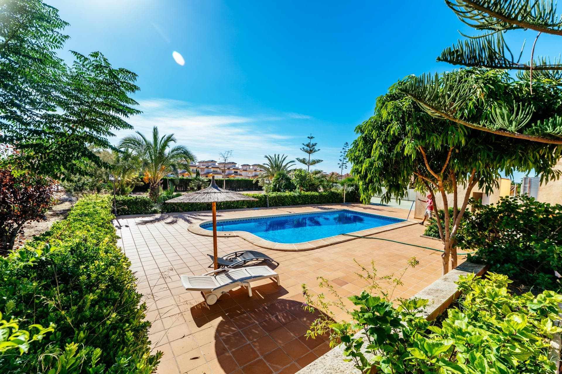 Villa with land fruit-trees for sale in Los Montesinos (Alicante). It has 4 bedrooms, 4bathrooms, a swimming pool, private parking for 5 cars, a garden and a barbecue area. The estate was built on 5000 square meters of land, of which the Villa takes 300 sq.m. Open terraces surround the house on all the sides Part of the land, namely 1500 sq.m are planted with 12-year old fruit- trees, those of oranges, tangerines, lemons, plums, pears, apricots and apples, which are all fructifying. The real estate is very spacious and all spreads in 1 floor. Everything here is made for a comfortable life: gas heating, air conditioning, a fireplace, jacuzzi, a swimming pool of 72 sq.m. All the gardens are equipped with automatic watering.