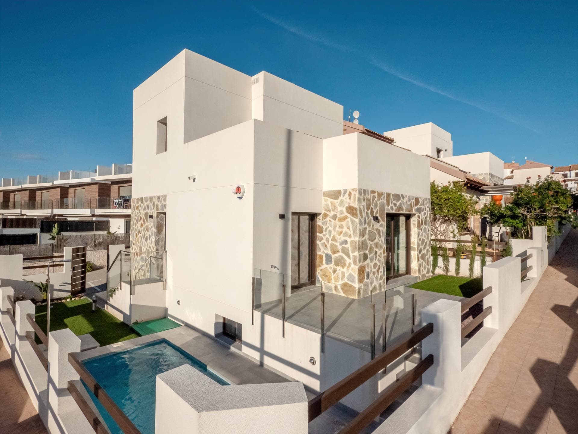 NEW SEMIDETACHED AND DETACHED VILLAS AT ORIHUELA COSTA!!!&#13;&#13; The sun is maybe our most representative building specification throughout our history. Sun connects us with the ancient Mediterranean cultures and building tradition combined with the modern architecture to create charming homes, reflecting our commitment and effort to offer you the best in space and design trends.&#13;&#13; This is a NEW residential composed by 25 villas in two levels with different models available: detached, semi-detached 2 or 3 bedrooms and 2 bathrooms, private gardens with communal area with comunal pool.&#13;&#13; The private pool and parking space is an option in some properties. The project is released in different execution&#13; phases, launching 9 detached and semi-detached villas at first phase.&#13;&#13; The project highlight for the use of durable materials and finishes of the highest quality combined with natural textures, pure and neutral colors and the best specifications with an intelligent distribution of the space.&#13;&#13; The sustainability, one of our values and responsabilities, is reflected at this project with systems such as solar panels, south orientation and our characteristic design with double vents.&#13;&#13; Your home is protected with a fully installed alarm system which consists of 1 sensor for each room, touch panel control and siren. Besides, it has an armoured front door with elegant finishes in brown for the exterior and white for the interior. Includes also an advanced home automation system with which you will have control over the motorized shutters and 3 light points.&#13;&#13; Furthermore, the installation of a solar panels system which contributes to energy savings.&#13;&#13; Located in the heart of Orihuela Costa, a short drive to the beaches, several golf courses and shopping centers.&#13;&#13;