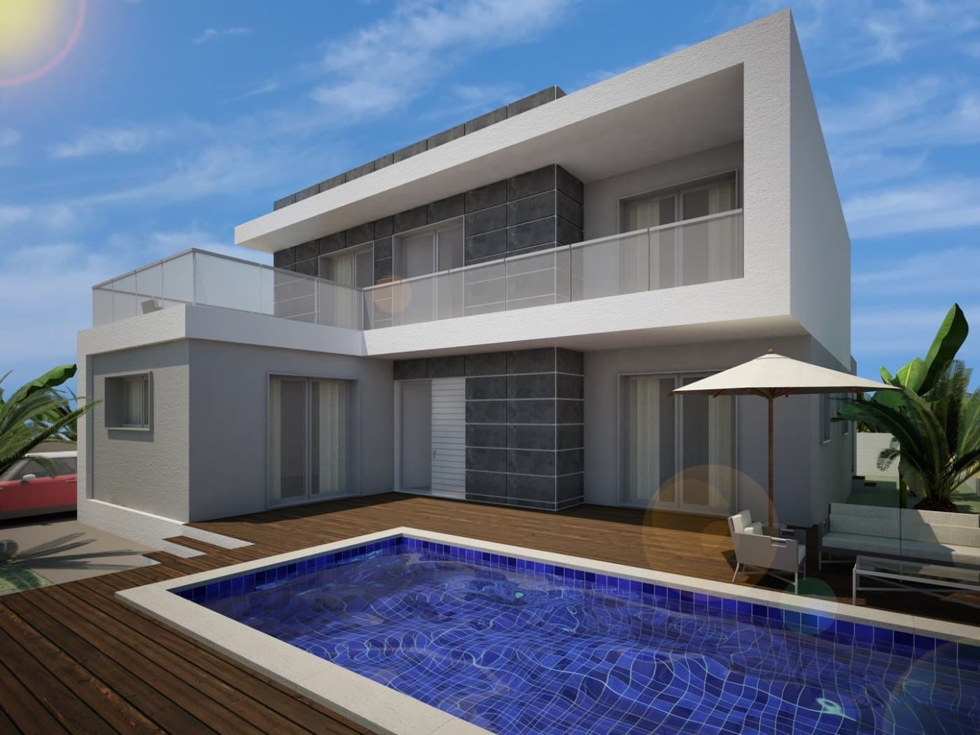 NEW BUILD MODERN VILLAS IN BENIJOFAR&#13;&#13; New Build villas located in Benijófar, a privileged area of the Costa Blanca, equipped with all services, 20 minutes from Alicante Airport, near the beautiful beaches of&#13; Guardamar and several golf courses.&#13; It is a modern style villas consisting of spacious living-dining room with an open-plan kitchen, 3 bedrooms( one of them en-suite) and 2 bathrooms. It also has a private plot with terrace, parking area, private pool, Mediterranean-style garden with great views.&#13; The house also has hot and cold air conditioning, video intercom and security door.&#13;&#13; Benijofar it is a lovely village with a charming church and all services such as supermarkets, pharmacies, banks, restaurants and natural park located very close to the villas. &#13; There are several golf courses close by as well as water parks in nearby Rojales and Torrevieja.&#13; Benijófar located a few minutes from the N-332 and AP-7. &#13; Just 30 minutes from Alicante airport, 10 minutes from the beaches of Guardamar and Torrevieja.&#13;