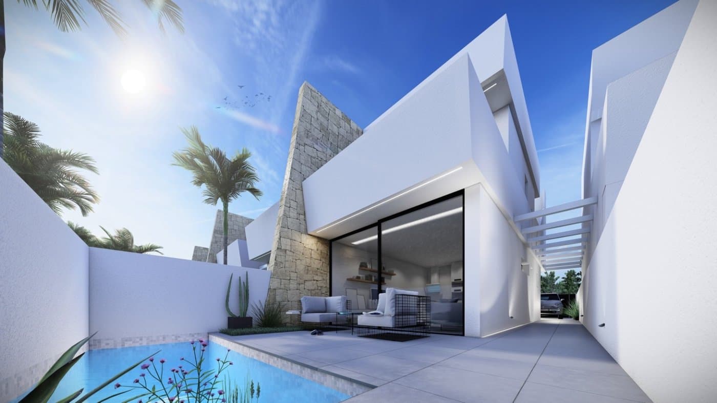 NEW BUILD SEMI DETACHED VILLAS IN SANTIAGO DE LA RIBERA&#13;&#13; New Build residential of detached and semi detached villas with private pools in Santiago de la Ribera (650 metres from the beaches)&#13;&#13; Properties designed to provide the very best open plan living space, featuring double full glass sliding doors that open directly on to a large terrace with private swimming pool, terrace and parking area.&#13;&#13; Villas offer 3 generously sized bedrooms (first floor with en-suite), and a further bathroom on the ground floor with walk in shower. &#13;&#13; The ground floor living area features a fully fitted kitchen with drop down table open plan lounge / dining area, fully fitted kitchen zone with appliances, exterior storage room and terraced areas to the side of the villa, from master bedroom and from the lounge area.&#13;&#13; The villas are perfectly situated as they are walking distance to Dos Mares shopping centre and many other shops, bars, restaurants and the beautiful beaches of the Mar Menor. &#13;&#13; The Wednesday &amp; Saturday street market is just 150 metres away.&#13;&#13; Only 20 minutes to the popular Zenia Boulevard, 30 minutes from Cartagena city.&#13;&#13; This area offers a variety of sports activities, including seasonal water sports … With some particularly good golf courses very close by!&#13;&#13; Santiago de la Ribera is a coastal town administratively dependent on the municipality of San Javier. It has 4 km of beach that are a great attraction for tourists from different origins.&#13;&#13; Murcia/Corvera airport is 30 minutes away and Alicante airport is an hour drive away.&#13;