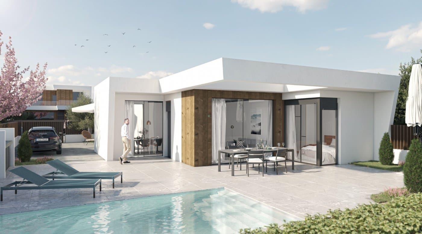 NEW BUILD ONE LEVEL VILLAS IN ALTAONA GOLF RESORT, MURCIA&#13;&#13; New Build residencial of beautiful villas in Altaona Golf resort, Murcia.&#13;&#13; Located in a privileged environment where we can live quietly, in contact with nature and the mountains, we achieve quality of life, fresh air and open spaces.&#13;&#13; One level villas build on the plots from 300 m2 with 3 bedrooms, 2 bathrooms and a private pool with multiple options where quality is our highest and where we integrate the exterior with the interior of the living place.&#13;&#13; Exclusive New Build residential located in Altaona Golf just 15 minutes by car from the center of Murcia capital and 20 minutes from the beaches you can enjoy the tranquility and security offered by the Golf Course that has 18 holes and the comfort to live close to all services.&#13;&#13; Murcias airport Corvera only 15 minutes drive away.&#13;