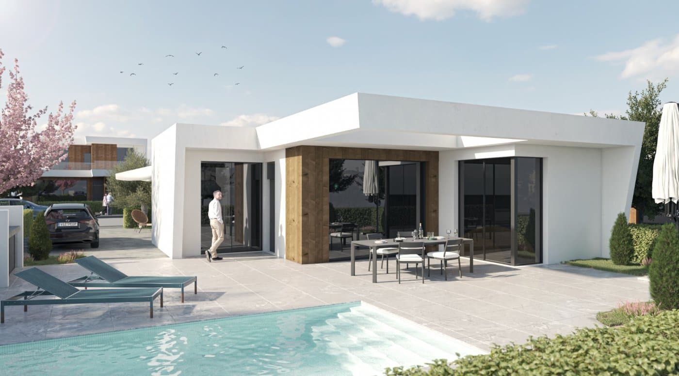 NEW BUILD ONE LEVEL VILLAS IN ALTAONA GOLF RESORT, MURCIA&#13;&#13; New Build residencial of beautiful villas in Altaona Golf resort, Murcia.&#13;&#13; Located in a privileged environment where we can live quietly, in contact with nature and the mountains, we achieve quality of life, fresh air and open spaces.&#13;&#13; One level villas build on the plots from 300 m2 with 3 bedrooms, 2 bathrooms and a private pool with multiple options where quality is our highest and where we integrate the exterior with the interior of the living place.&#13;&#13; Exclusive New Build residential located in Altaona Golf just 15 minutes by car from the center of Murcia capital and 20 minutes from the beaches you can enjoy the tranquility and security offered by the Golf Course that has 18 holes and the comfort to live close to all services.&#13;&#13; Murcias airport Corvera only 15 minutes drive away.&#13;