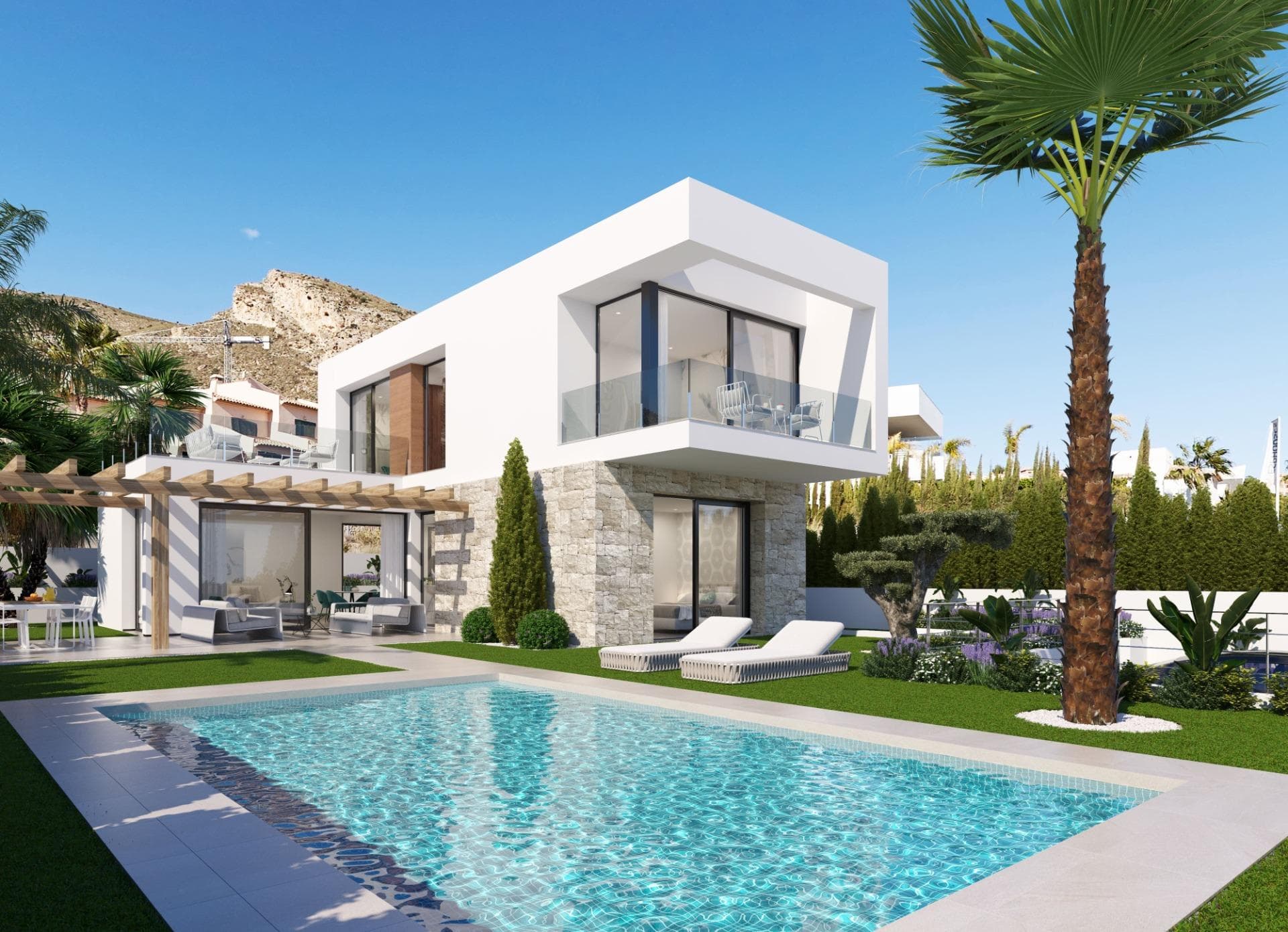NEW BUILD VILLAS IN FINESTRAT&#13;&#13; New Build residential of modern villas located in Sierra Cortina, Finestrat.&#13;&#13; Modern style New Build villas with 3 bedrooms, 3 bathrooms, open plan kitchen, large living room with access to the terrace, private garden with the pool and parking space. &#13;&#13; Villas has a large terrace with sea and mountain views.&#13;&#13; Residential located 5 min by car from all the services that Benidorm can offer and in an environment with an average annual temperature of 20ºC and 300 days of sunshine a year, 44 km away from Alicante airport, 3 km from the sea and 200 meters to the golf.&#13;