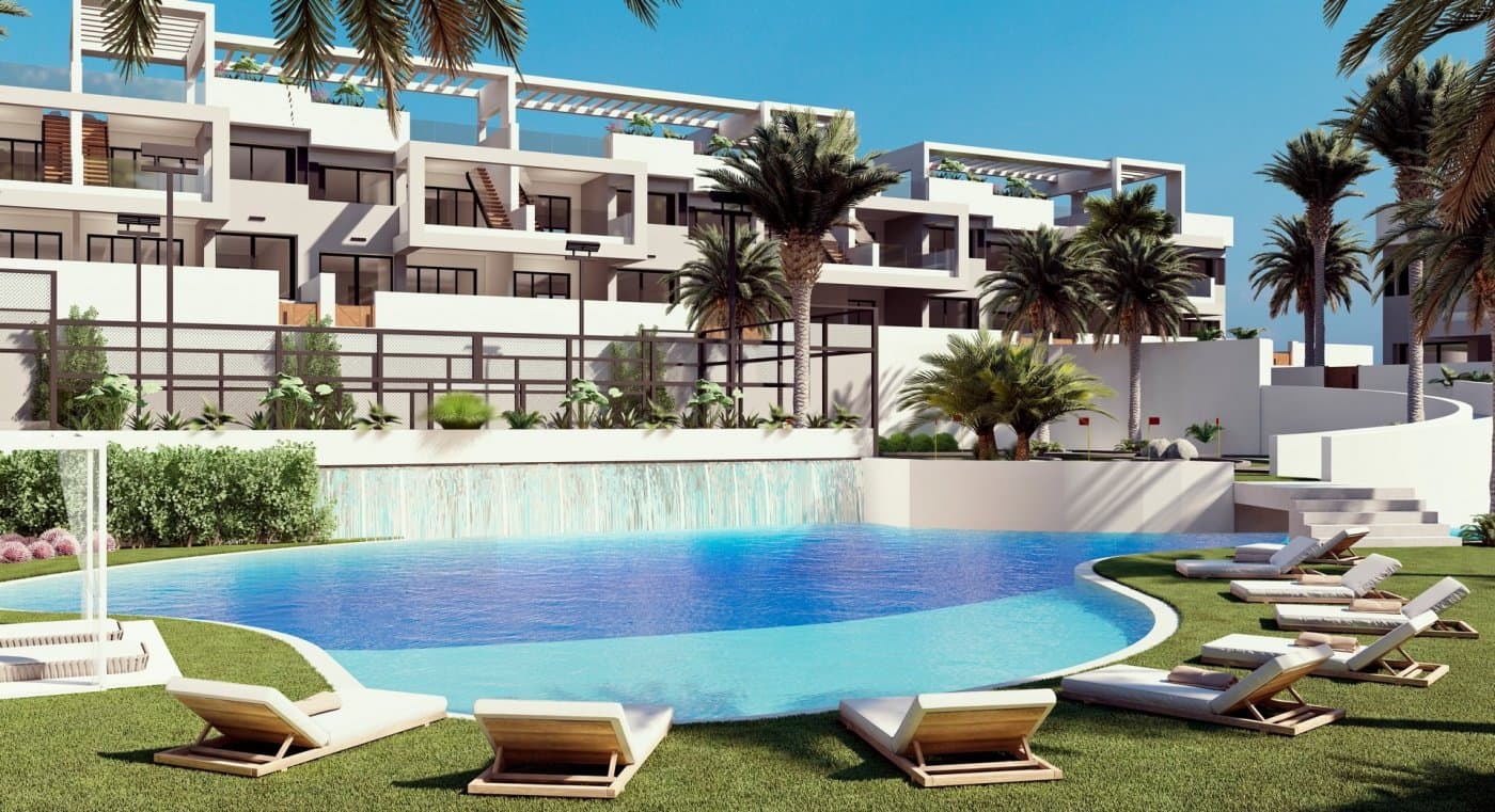 NEW BUILD RESIDENTIAL OF BUNGALOW APARTMENTS IN LOS BALCONES&#13;&#13; New Build UNIQUE residential complex in Los Balcones.&#13;&#13; Residential consist of 136 luxury bungalow apartments built with top quality materials. Each one has magical views of the Laguna Rosa de Torrevieja and the Mediterranean Sea.&#13;&#13; The houses have more than 131m2 distributed in a spacious living-dining room with an open-plan kitchen, 2 large bedrooms and 2 full bathrooms. &#13;&#13; You can choose between ground floor bungalows with their 2 large private terraces to enjoy the climate of the Costa Blanca. &#13;&#13; Or first floor bungalows of 178m2 with its 85m2 solarium with panoramic views of the Laguna Rosa and the Mediterranean Sea&#13;&#13; Complex offers idyllic landscaped common areas with 3 swimming pool areas, Jacuzzi areas, fitness area, paddle tennis court, mini golf, children’s area, charging point for electric vehicles… and much more! Its Premium facilities and green areas will allow you to enjoy with your family and friends the 320 days of sunshine that the Costa Blanca offers.&#13;&#13; ​​Los Balcones located just outside Torrevieja with all accessible services, just 5 minutes from Playa de los Náufragos, supermarkets, the school and the La Zenia Boulevard Shopping Centre, and a minute from Torrevieja University Hospital.&#13;&#13; Complex located 40 minutes from Alicante airport and 1 hour Murcia - Corvera airport.&#13;