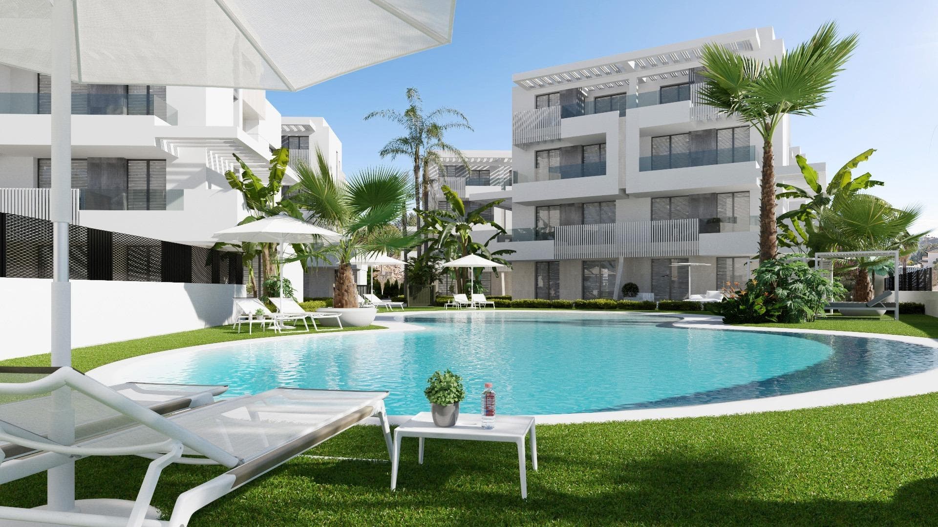 NEW BUILD APARTMENTS IN PRIVATE GATED RESORT IN PROVINCE OF MURCIA New Build residential complex of 6 blocks, a total of 42 apartments. Beautiful apartments have 3 and 2 bedrooms and 2 bathrooms with views of the large lake and green areas of this large luxury resort. Ground floor apartments with private garden, top floor apartments with private solarium.  Complex has a communal pool and all the apartments have a parking pace and a storage room. Located in a private gated resort, with a main access entrance and 24 hours security. The resort is designed around an impressive 126.000 m2 green area. It comprises walking and cycling paths, sport facilities, paddle and tennis courts, a mini-golf course, gardens, dog parks, leisure areas, clubhouse…. Also in the central area is the jewel of the resort, a crystal-clear artificial lake of almost 17.000m2 of water surface, surrounded by white sandy beaches and palm trees, bringing a piece of the Caribbean to the Murcia Region. There are 2 islands in the lake, one of them has its own bar, there are also “beach Chiringuitos” spread around the lake. The resort is strategically located less than 4 km from the beach and the town of Los Alcázares, where you can practice various water sports, surrounded by several golf courses and the city of Cartagena less than 15 minutes by car and 22 km from Murcia airport, therefore having a wide cultural, gastronomic and sports offer within reach.