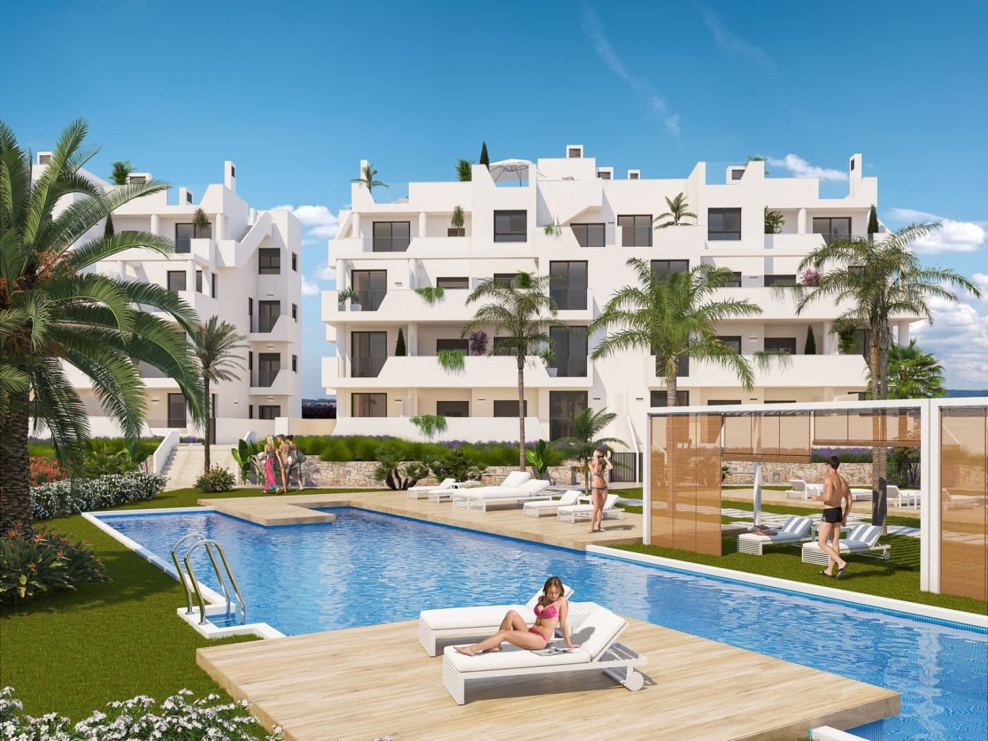 NEW BUILD RESIDENTIAL IN PRIVATE GATED RESORT IN PROVINCE OF MURCIA&#13;&#13; New Build residential complex has 60 apartments distributed in 4 blocks with terraced area for ground, first and second floors, community swimming pool, heated swimming pool and solarium with Summer kitchen on the penthouses, to enjoy all hours of sunshine every day of the year.&#13;&#13; The properties have 2 bedrooms and 2 bathrooms as well as parking space and storage room in the basement.&#13;&#13; These homes are designed with a contemporary style and open planned concept, comprising a fully-fitted kitchen and lounge-dining room.&#13;&#13; The properties will meet the highest standards and included:&#13;&#13; Kitchen completely furnished and equipped with oven and microwave in column, integrated fridge and dishwasher, induction hob and extractor fan.&#13; LED Lighting: inside the property (dining room, kitchen, corridors and bathrooms), and as well as in outdoor areas.&#13; Lined wardrobes with drawers.&#13; Motorised blinds in bedrooms.&#13; Heated floors in bathrooms.&#13; Fully fitted bathrooms with toilet, vanity unit, mirror, shower with rain effect and screen panels.&#13; Pre-installation for ducted air conditioning.&#13; Pre-installation of charging point for electric vehicles.&#13; Solarium with Summer kitchen, with pre-installation for electric appliances.&#13; Community swimming pool.&#13; Heated swimming pool.&#13; Parking space and storage room in the basement.&#13;&#13; Located in a private gated resort, with a main access entrance and 24 hours security. The resort is designed around an impressive 126.000 m2 green area.&#13;&#13; It comprises walking and cycling paths, sport facilities, paddle and tennis courts, a mini-golf course, gardens, dog parks, leisure areas, clubhouse…. Also in the central area is the jewel of the resort, a crystal-clear artificial lake of almost 17.000m2 of water surface, surrounded by white sandy beaches and palm trees, bringing a piece of the Caribbean to the Murcia Region.&#13;&#13; There are 2 islands in the lake, one of them has its own bar, there are also “beach Chiringuitos” spread around the lake.&#13;&#13; The resort is strategically located less than 4 km from the beach and the town of Los Alcázares, where you can practice various water sports, surrounded by several golf courses and the city of Cartagena less than 15 minutes by car and 22 km from Murcia airport, therefore having a wide cultural, gastronomic and sports offer within reach.&#13;