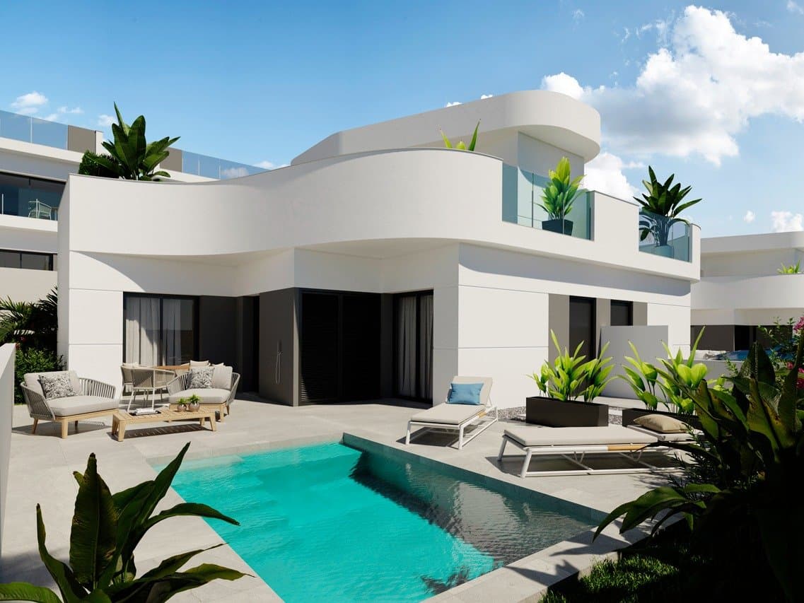 NEW BUILD RESIDENCIAL IN LOS BALCONES, TORREVIEJA&#13;&#13;New Build residential complex of semi-detached villas and bungalows located in Los Balcones with the views to the pink lake.&#13;&#13;New Build semi-detached villa has 3 bedrooms, 2 bathrooms, open plan kitchen with spacious living room, fitted wardrobes, private garden with the pool and off road parking space, private solarium.&#13;&#13;New exclusive residential with big communal areas; gardens, garden-gym, playground, 2 big communal swimming pools - one of them for adults, and the other one for children.&#13;&#13;Los Balcones is a small town located near Torrevieja south.&#13;&#13;Torrevieja is a Spanish town in the province of Alicante, on the Costa Blanca. &#13;&#13;It is known for its typically Mediterranean climate and coastline. It has boardwalks with resorts along its sandy beaches. &#13;&#13;The small Museum of the Sea and Salt houses exhibitions on the fishing and salt history of the city. &#13;&#13;In the interior, the Lagunas de La Mata-Torrevieja Natural Park has trails and two salty lagoons, one pink and the other green.&#13;&#13;Alicante airport located 40 minutes away and Murcia airport about 1 hour away.&#13;