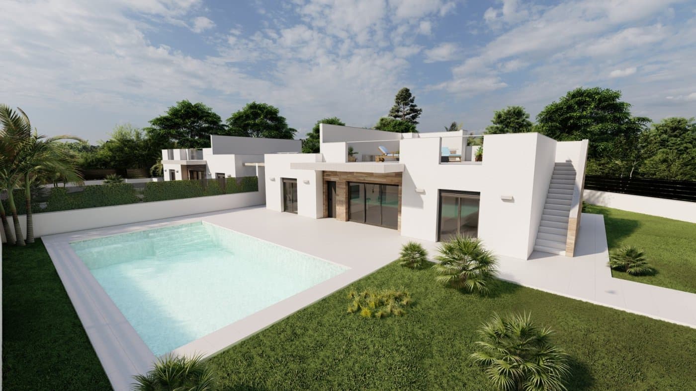 NEW BUILD VILLAS IN ROLDAN&#13;&#13;Luxury 2 one level New Build villas in Roldan, Murcia.&#13;&#13;Villas build on the plots of nearly 600 M2 each one, with private pool of 30 M2, garden area and large solarium on the roof. &#13;&#13;Each property has 4 bedrooms and 3 fitted bathrooms and have been designed with a contemporary style and an open planned concept, consisting of a fully-fitted kitchen and lounge-dining room.&#13;&#13;The development is located in Roldán (Murcia), in a gated and security control resort, included in a partial plan of 300,000 M2, surrounded by all services, sports facilities and near several Golf Courses.&#13;&#13;The property will meet the highest standards and will be equipped with:&#13;Private swimming pool of 30 M2 with solar shower. &#13;Pre-installation for heated pump. &#13;Kitchen completely furnished and equipped with raised oven, built-in microwave, integrated dishwasher, fridge and extractor fan.&#13;Island area in the kitchen.&#13;LED Lighting: inside the property (dining room, kitchen, corridors and bathrooms), as well as in outdoor areas.&#13;Lined wardrobes with drawers.&#13;Fully fitted bathrooms with suspended vanity unit and suspended toilet, mirror with light, shower with "rain effect" and shower screens.&#13;Pre-installation for ducted air conditioning.&#13;Summer kitchen with sliding doors in solarium. Pre-installation for washing machine and fridge socket. &#13;Solar panel. &#13;Parking on the plot. &#13;&#13;Roldan itself is a traditional town with all the local amenities you will need including Supermarkets, Restaurants, Bars, Health Clinic, Pharmacy, Police Station, Petrol Station, Mechanics, Dentists, Doctors and more.&#13;&#13;The nearby golf resorts of La Torre, &amp; Terrazas are easily accessible, Corvera Airport is 15 minutes away &amp; the beaches of the Mar Menor just 20 minutes drive.&#13;