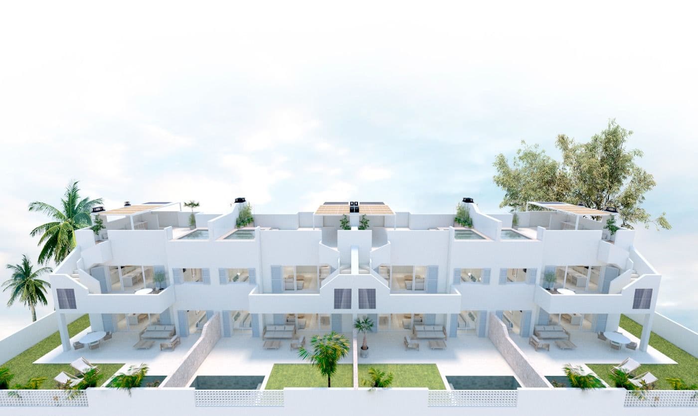 NEW BUILD RESIDENTIAL COMPLEX IN TORRE DE LA HORADADA&#13;&#13;New Build residential complex of bungalow apartments in Torre de la Horadada only 450m from the beach.&#13;&#13;All properties has 3 bedrooms, 2 bathrooms, open plan kitchen with the lounge area, fitted wardrobes and terrace.&#13;&#13;Beautiful bungalows on the ground floor has private garden with the pool, bungalow on the top floor has private solarium with the pool.&#13;&#13;All properties has private parking.&#13;&#13;Torre de la Horadada is located south of Alicante in a beautiful location on the coast.&#13;&#13;The beautiful beaches of Torre de la Horadada and Mil Palmeras have fine sand beautiful promenade.&#13;&#13;There are lots of restaurants, bars and shops, also water sports, diving and snorkelling.&#13;&#13;It is well connected just 40 minutes from Alicante and Murcias Corvera airports, with large commercial shopping centres and multiple golf courses all within easy reach.&#13;