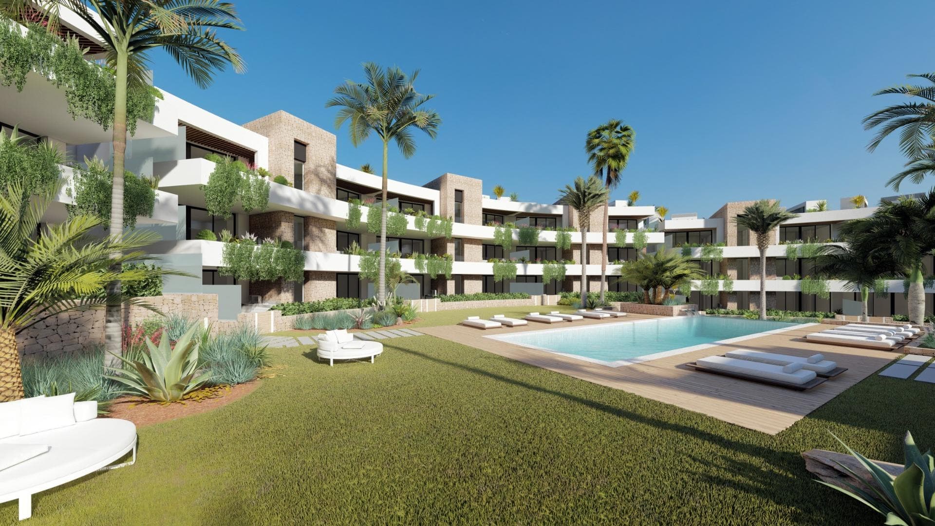 NEW BUILD RESIDENTIAL COMPLEX IN LA MANGA CLUB RESORT 

New Build exclusive residential of 42 apartments ideal for personal use or investment in on of the famous La Manga Club Resorts.
These modern, light-filled residences afford stunning views of the Mar Menor, and their spacious terraces and the community pool let you enjoy the Mediterranean sun to the fullest. 
These are the last central development of new-build homes at La Manga Club, just a 5-minute walk from all the shops and restaurants. 
Sports rights are included and each home include a storage facility.

One leaf internal doors of 210x82,5x4 cm., of MDF board, pre-lacquered in white, with horizontal slots every 50 cm. Prefabricated imbedded cabinet with sliding doors, of MDF board panelling, pre-lacquered in white.

In bathrooms, tiling with porcelain stoneware, size 60 x 30 cm, set on a supporting surface of laminated plasterboard interior wall. In kitchens, tiling with porcelain stoneware tiles, size 60 x 30 cm, set on a supporting surface of laminated plasterboard interior wall.

Aerothermal heating system, air conditioning and sanitary hot water. High efficiency fan coils. DOUBLE FLOW mechanically controlled ventilation.

Armoured entry door block. White finish. Security Class 3. Folding metallic gate for vehicle access. Manual opening one-sided metallic gate for pedestrian access.

La Manga Club is one of Europe’s leading sport and leisure resorts. Bordered by natural parks and unspoilt beaches, its privileged location boasts exclusive holiday and residential accommodation on the Spanish Mediterranean coast.
Founded in 1972, La Manga Club is a warm, safe, and vibrant community that has long attracted families and golf lovers with its diverse and outstanding leisure offer.

La Manga Club enjoys excellent air connections. The local airports of Corvera (only 50 km away) and Alicante (less than 100 km away) offer regular flights to the rest of Europe, making it easy to arrive and depart from the resort.
