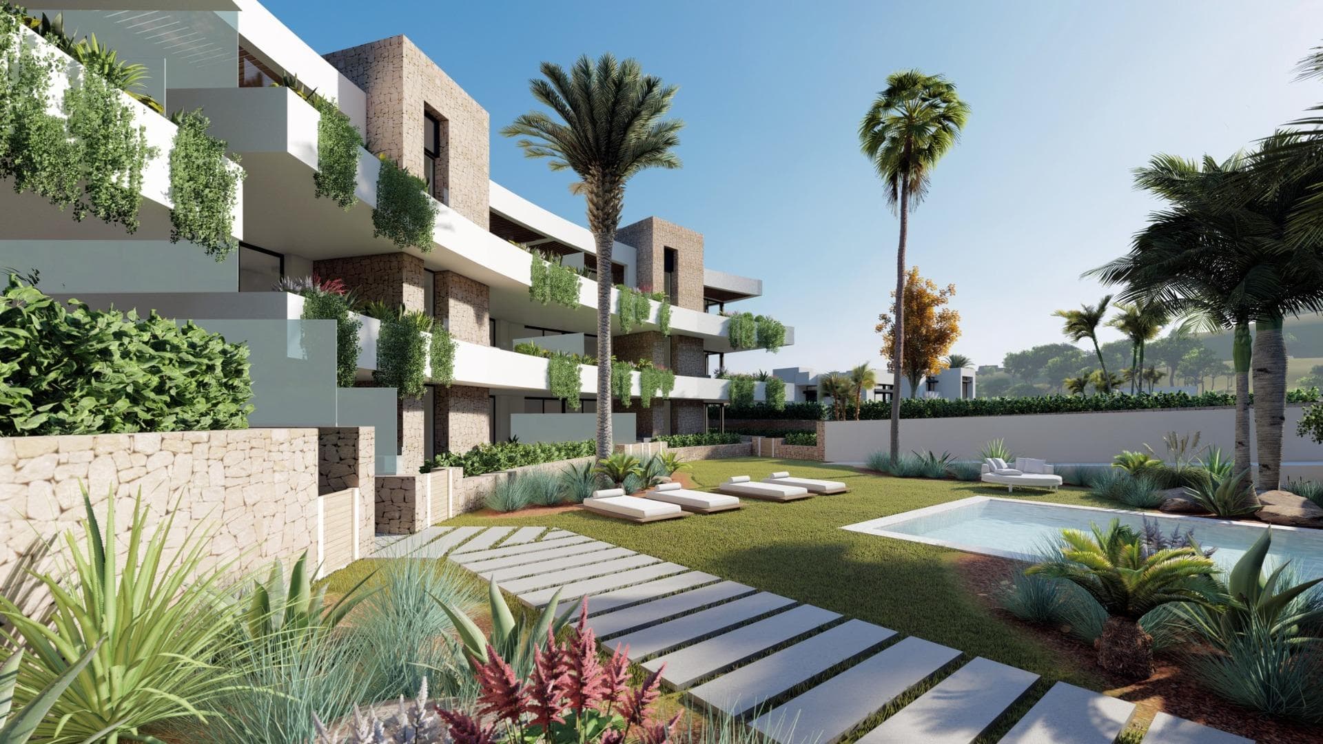 NEW BUILD RESIDENTIAL COMPLEX IN LA MANGA CLUB RESORT 

New Build exclusive residential of 42 apartments ideal for personal use or investment in on of the famous La Manga Club Resorts.
These modern, light-filled residences afford stunning views of the Mar Menor, and their spacious terraces and the community pool let you enjoy the Mediterranean sun to the fullest. 
These are the last central development of new-build homes at La Manga Club, just a 5-minute walk from all the shops and restaurants. 
Sports rights are included and each home include a storage facility.

One leaf internal doors of 210x82,5x4 cm., of MDF board, pre-lacquered in white, with horizontal slots every 50 cm. Prefabricated imbedded cabinet with sliding doors, of MDF board panelling, pre-lacquered in white.

In bathrooms, tiling with porcelain stoneware, size 60 x 30 cm, set on a supporting surface of laminated plasterboard interior wall. In kitchens, tiling with porcelain stoneware tiles, size 60 x 30 cm, set on a supporting surface of laminated plasterboard interior wall.

Aerothermal heating system, air conditioning and sanitary hot water. High efficiency fan coils. DOUBLE FLOW mechanically controlled ventilation.

Armoured entry door block. White finish. Security Class 3. Folding metallic gate for vehicle access. Manual opening one-sided metallic gate for pedestrian access.

La Manga Club is one of Europe’s leading sport and leisure resorts. Bordered by natural parks and unspoilt beaches, its privileged location boasts exclusive holiday and residential accommodation on the Spanish Mediterranean coast.
Founded in 1972, La Manga Club is a warm, safe, and vibrant community that has long attracted families and golf lovers with its diverse and outstanding leisure offer.

La Manga Club enjoys excellent air connections. The local airports of Corvera (only 50 km away) and Alicante (less than 100 km away) offer regular flights to the rest of Europe, making it easy to arrive and depart from the resort.