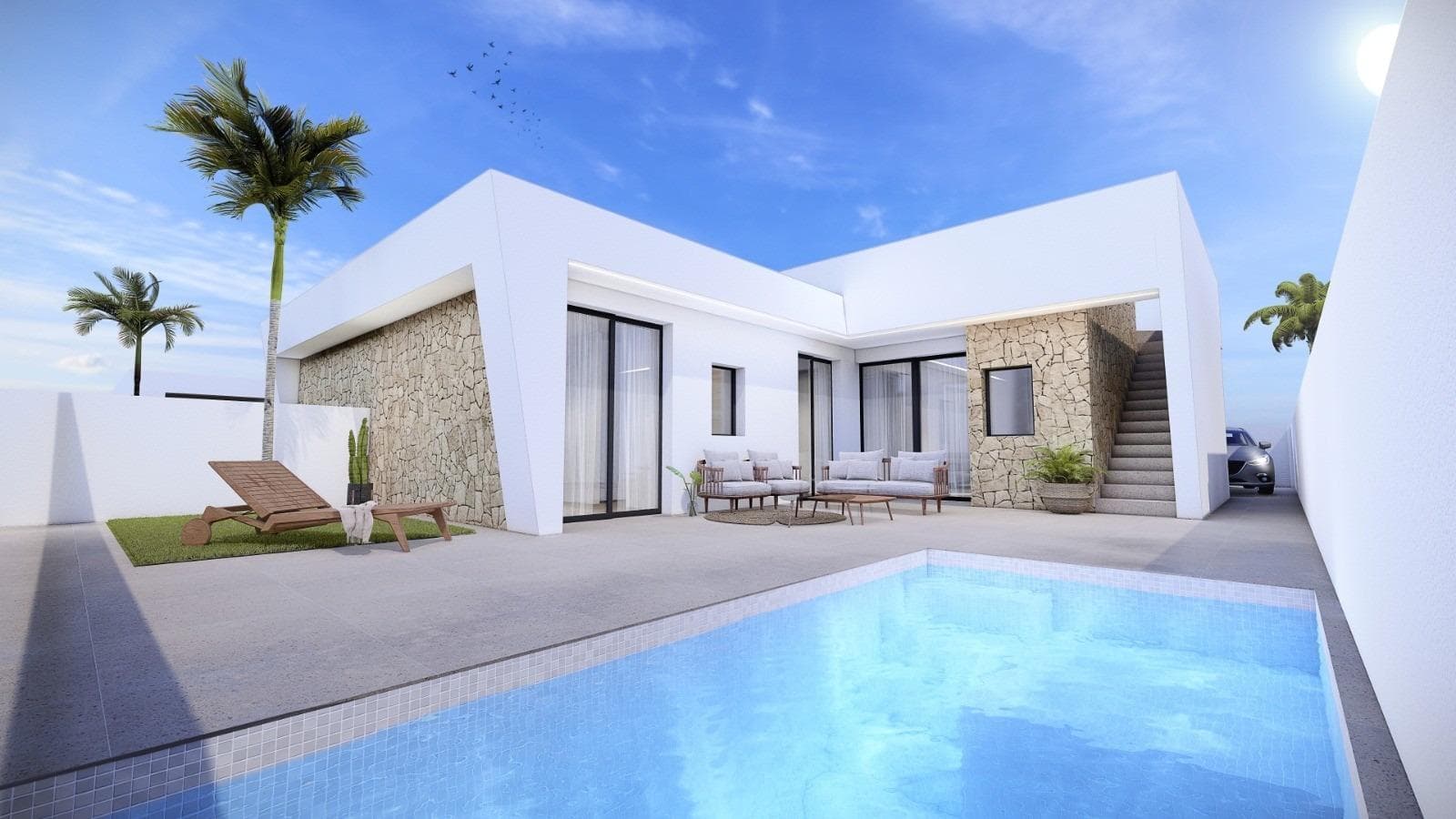 NEW BUILD SEMI-DETACHED VILLAS IN ROLDAN&#13;&#13;New Build 3 bedroom villas with parking to the front, feature stone walling, rear private swimming pool, large roof solarium and a storage room in Roldan, Torre-Pacheco.&#13;&#13;The villas are designed on one level with elevated ceiling to the kitchen area, each villa boasts wrap around terrace / sun zones on the ground floor and a large private solarium on the first floor to enjoy hours of sunshine, all year round.&#13;&#13;3 bedrooms (master bedroom en-suite) and separate family bathroom… designed with a contemporary ‘eco’ style and open plan concept, comprising a fitted kitchen and lounge-dining room, a storage room to the front and a private summer patio area. &#13;The villas are equipped with a rear private swimming pool with outdoor shower, solarium, terrace areas, fully fitted kitchen and bathrooms with led mirror, lined wardrobes with drawers, interior/exterior lighting, pre installed air-conditioning. &#13;&#13;Feature angled walls and stone cladding to the front and stairwell, really makes this villa pop with style.&#13;&#13;The development is located in a residential area of Roldan, surrounded by services, parks, sports facilities, two Golf Courses and only 12 minutes from the stunning beaches of the Mediterranean and the Mar Menor.&#13;&#13;A select signature style development – just 20 one level contemporary villas – All enjoying generous plot sizes, with private swimming pool and roof solarium.&#13;&#13;Roldan itself is a traditional town with all the local amenities you will need including Supermarkets, Restaurants, Bars, Health Clinic, Pharmacy, Police Station, Petrol Station, Mechanics, Dentists, Doctors and more.&#13;&#13;The nearby golf resorts of La Torre, &amp; Terrazas are easily accessible, Corvera Airport is 15 minutes away &amp; the beaches of the Mar Menor just 20 minutes drive.&#13;