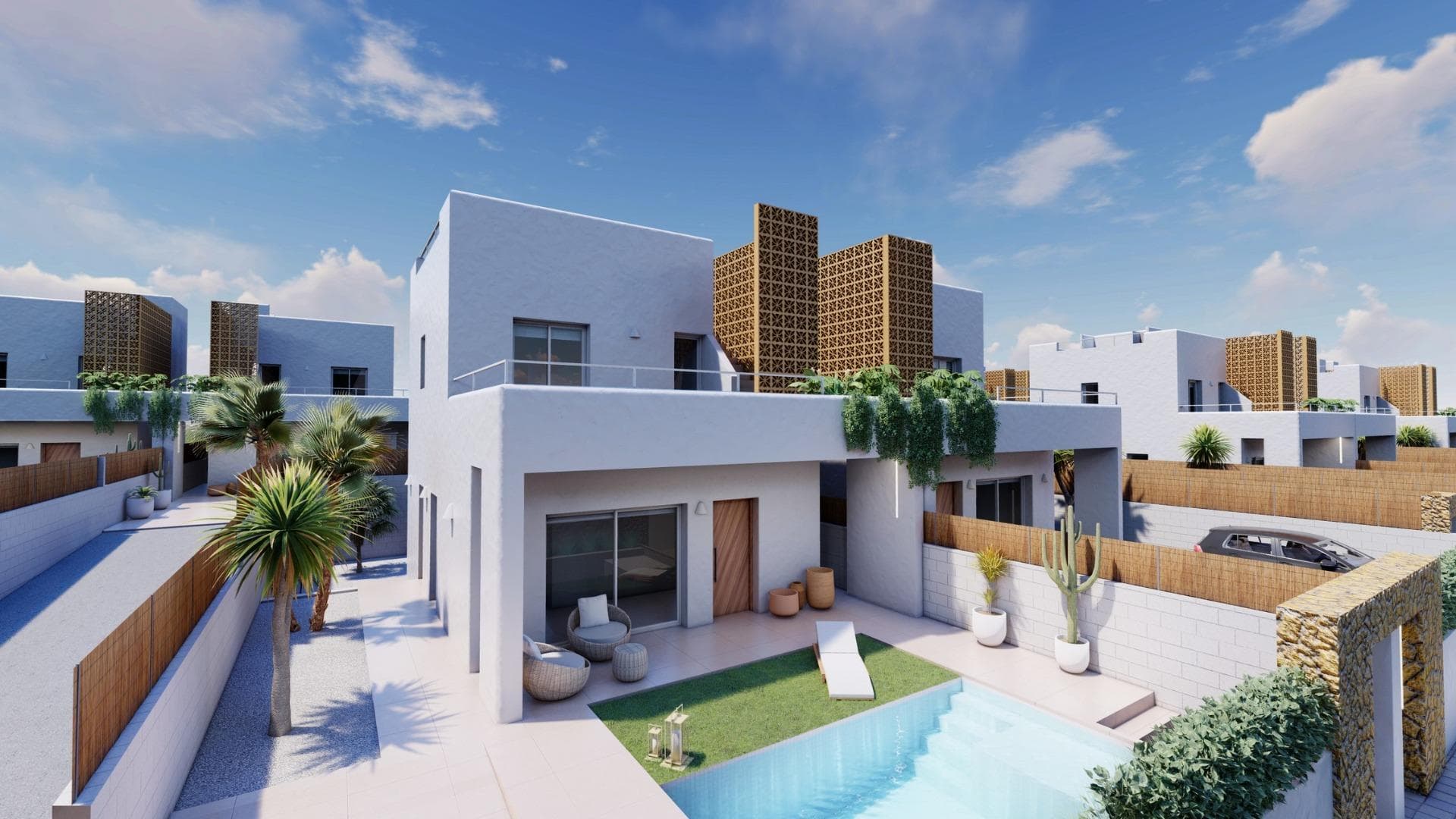 NEW BUILD VILLAS IN PILAR DE LA HORADADA&#13;&#13;New Build villas in Pilar de la Horadada.&#13;&#13;The interior of the villas consist of 3 bedrooms, 3 bathrooms en suite, large open plan living room with kitchen all located on two floors.&#13;&#13;The exteriors have a large landscaped garden with private swimming pool and parking space.&#13;&#13;New Build Villas where you will find the best Mediterranean style adapted to modern design. &#13;&#13;Residential consists of 17 villas located in Pilar de la Horadada, surrounded by all the services you need and just a few minutes from the beach.&#13;&#13;Pilar de la Horadada is a typical Spanish village in the most southern part of the Costa Blanca.&#13;&#13;The large main street has supermarkets, lots of shops, restaurants and bars and some lovely squares. &#13;&#13;The beautiful beaches of Torre de la Horadada and Mil Palmeras with fine sand promenade is just 5 minutes away. &#13;&#13;In Pilar de la Horadada there is also a well-developed cycling and walking path network, and there is also a large offer of various sports activities. &#13;Lo Romero 18 hole golf course is just a short drive from town.&#13;&#13;The airports of Corvera (Murcia) and Alicante are respectively 40 and 55 minutes away.&#13;&#13;