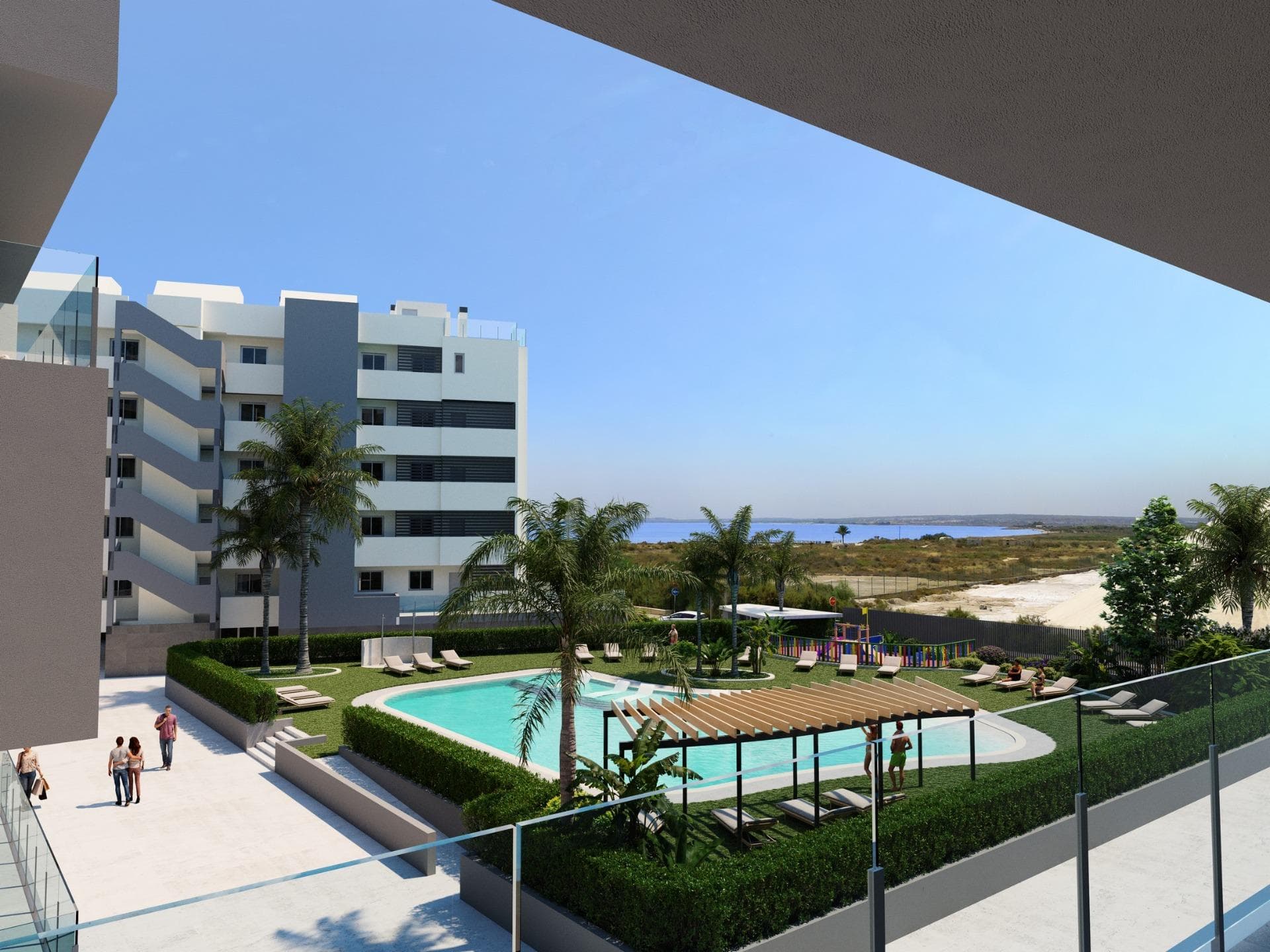 NEW BUILD RESIDENTIAL COMPLEX IN SANTA POLAModern gated residential complex comprising 3 blocks of apartmwnts with large landscaped communal areas including a swimming pool with water beds, children's playground, pergola and bicycle parking.The residential has 3 and 2 bedrooms apartments, both types include 2 full bathrooms, open plan kitchen with living room, fitted wardrobes, terrace, parking space.They have a common garden , swimming pool with beach-type entrance, equipped with showers and a large wooden pergola. It has landscaped areas with palm trees and vegetation, all of which are illuminated. In the central part of the pool there is a shallower area where the water beds are located. The municipality of Santa Pola is located on the popular Costa Blanca on the Mediterranean, south of Alicante and in the Bajo Vinalopó region.The city is in an enviable geographical position, surrounded by natural landscapes and with a special microclimate, which offers a mild climate all year round. Its urban center is bounded by the Castle Fortress and the port to the east and west, and is bordered by the Santa Pola Salinas Natural Park and the Sierra and Cabo de Santa Pola, an ancient reef today characterized by its reef leafy pine trees.Santa Pola located 21 km. from Alicante, the provincial capital with excellent infrastructure and 15 km. away from the international Airport “Elche-Alicante”.