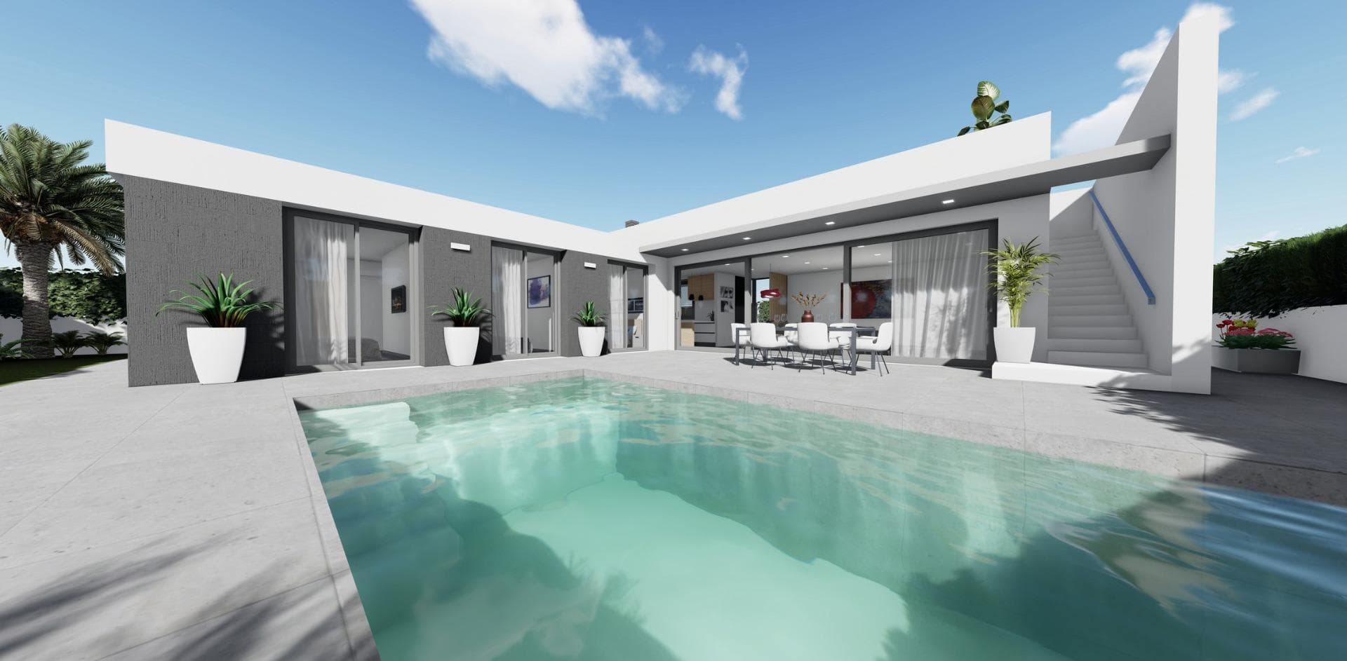 NEW BUILD VILLAS SAN JUAN DE LOS TERREROS, ALMERIA &#13;&#13;26 New Build Modern ground floor villas with solarium and private swimming pool, 2 and 3 bedrooms, 500 metres from the beaches.&#13;&#13;In the very heart, great access to all day to day services, such as restaurants, bars with exquisite gastronomy, educational centres, sports facilities, supermarkets, shops and shopping centre 10 min away by car.&#13;&#13;Villas located 60 min from Corvera International Airport and 60 min from Almeria International Airport.&#13;&#13;The project is going to be developed on an elevated plot where you will enjoy breathtaking views of green areas, located only 500 metres from the beach, close to very attractive tourist attractions such as our Geode, covered by huge crystals of selenite, a transparent or translucent variety of gypsum, the largest in the world that can be visited.&#13;&#13;Golf courses: Aguilón Golf at 5′ drive from the development and Golf San Juan at 3′ drive.&#13;&#13;Included in the price:&#13;Private swimming pool with lighting and outside shower.&#13;Solarium equipped with summer kitchen.&#13;Landscaped garden area with artificial grass and tiled as per plan.&#13;Utility room under the staircase with access to solarium.&#13;Interior and exterior LED lighting.&#13;TV points in all rooms and porch.&#13;Electric blinds in bedrooms.&#13;Entry phone.&#13;Sanitary fittings, mirror with LED and fixed screen.&#13;Fitted wardrobes finished with drawers and mezzanine.&#13;Fitted kitchen with Silestone worktop and front, electrical appliances (washing machine, oven, ceramic hob, extractor hood, dishwasher, fridge and aerothermal heater).&#13;The sliding windows are high security, double chamber.&#13;Pre-installation of AC ducts with return grilles.&#13;Pre-installation of photovoltaic panels.&#13;Parking space with artificial lawn and parking area inside the plot.&#13;Pre-installation for parking door motor.&#13;Perimeter wall with simple torsion fence and artificial hedge.&#13;City gas.&#13;&#13;San Juan de los Terreros, in Andalusia, is a dreamy coastal destination. Its crystal-clear waters invite you to relax under the sun and enjoy the tranquillity of the sea.&#13;&#13;The lifestyle in this charming town is calm and relaxed, with a slow pace that allows you to appreciate the natural beauty and rich culture of the region.&#13;&#13;With a wide range of restaurants, bars, and outdoor activities, San Juan de los Terreros is the perfect place to enjoy life by the sea.&#13;