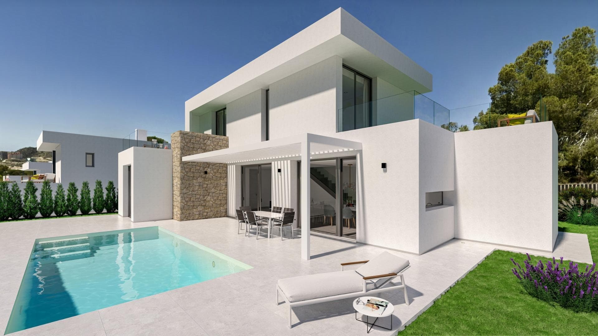 NEW BUILD VILLAS IN FINESTRAT WITH SEA VIEWSNew Build Luxury villas in Sierra Cortina, Finestrat.Villas with 3 bedrooms and 3 bathrooms, open plan kitchen with lounge area, terrace with magnificent views over Benidorm, private garden with swimming pool and parking space.Villas build with top quality materials.Finestrat located in the Marina Baixa region of the Costa Blanca, close to neighbouring Benidorm and about 40 kilometres from the city of Alicante and the international airport.The village is situated on the mountainside of Puig Campana and offers beautiful views of the mountains, the coast and the Mediterranean Sea.Benidorm is just a five-minute drive from the properties and offers all the services you would need including shops, bars, restaurants, supermarkets, banks, pharmacies and several private international schools.
