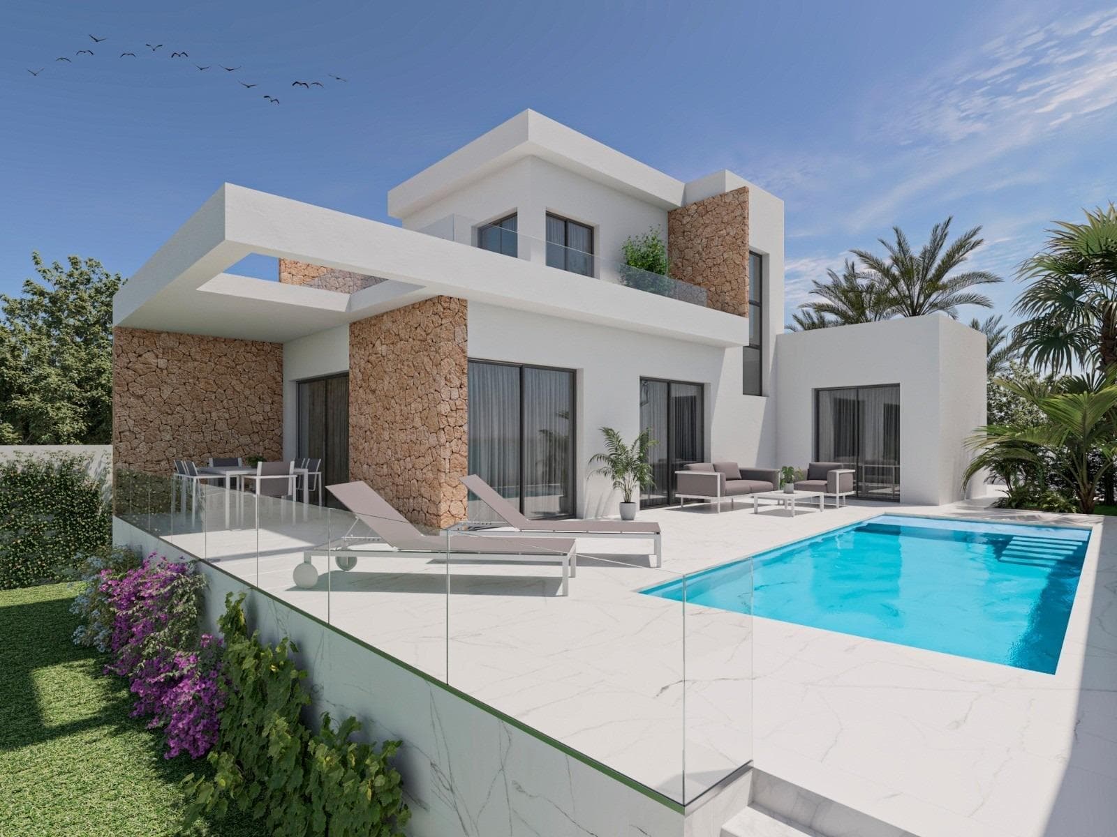 NEW BUILD VILLAS IN SAN FULGENCIO&#13;&#13;New Build residential of 3 Modern villas in San Fulgencio.&#13;&#13;Villas build on the plots of 500 m2 and located in residential area with all services within walking distance and short distance from the best SPA center and Water Park in the zone.&#13;&#13;Villas build over 2 floors and have 3 bedrooms, 3 bathrooms, an open plan kitchen with living room, fitted wardrobes, terraces, private garden with the pool and parking space.&#13;&#13;An options for private solarium at an extra cost.&#13;&#13;San Fulgencio is a pleasant village with several restaurants and shops and the location is very good with its proximity to the fantastic beaches of La Marina and the slightly larger town of Guardamar.&#13;&#13;The town of San Fulgencio is situated around 30 minutes from Alicante-Elche airport, 6km from the nearest golf course and just 7km from the nearest beach.&#13;&#13;