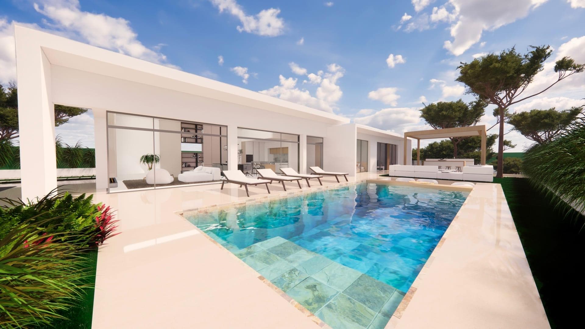 NEW BUILD VILLAS IN PINAR DE CAMPOVERDE&#13;&#13;Modern New Build villas in Pinar de Campoverde.&#13;&#13;Villas build over 1 floor and has 3 bedrooms, 3 bathrooms, open plan kitchen with the lounge area, fitted wardrobes, terrace, basement, private garden with the pool and parking space.&#13;&#13;Villas located in Pinar de Campoverde (Alicante), surrounded by services, sports facilities, near several Golf Courses such as Las Colinas and Lo Romero Golf, plus being 10 minute far from Mar Menor and Mediterranean beaches.&#13;&#13;The beautiful beaches of Torre de la Horadada and Mil Palmeras with fine sand promenade is 10 minutes drive away.&#13;&#13;The airports of Corvera (Murcia) and Alicante are respectively 40 and 55 minutes away.&#13;