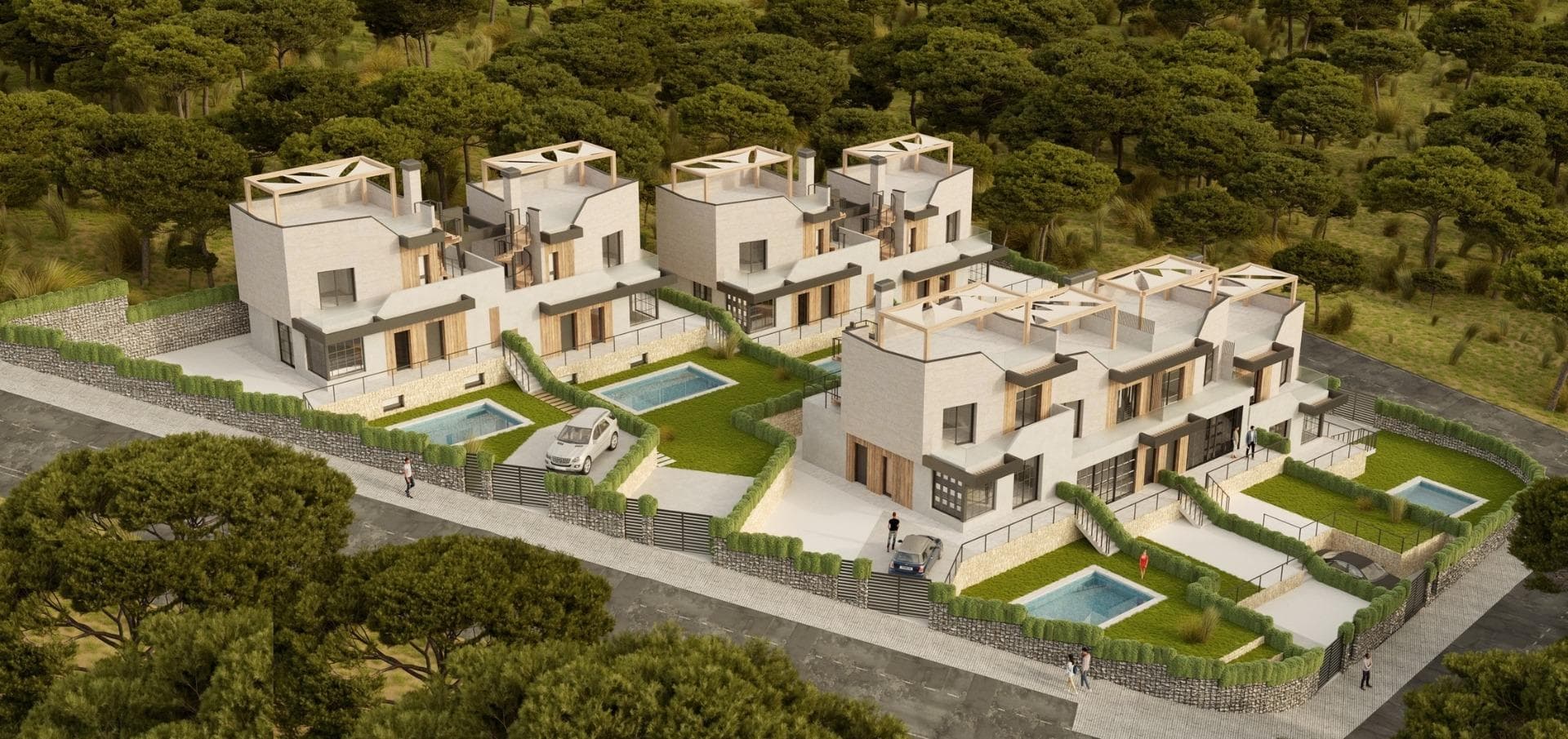 NEW BUILD SEMI-DETACHED VILLAS IN POLOP&#13;&#13;New Build modern townhouses and semi-detached villas with several terraces and solarium, totally fenced, with parking area for vehicles and private swimming pool in Polop.&#13;&#13;Modern properties with 3 spacious bedrooms with built-in wardrobes (the main one on the ground floor, with bathroom and dressing room en suite), 2 spacious bathrooms, large living-dining room with open kitchen, spacious terraces.&#13;&#13;Kitchen equipped with base units and silestone worktops, with ceramic hob, oven, extractor hood, fridge, washing machine, dishwasher, and aerothermal heater.&#13;&#13;First qualities: interior carpentry in wood and white lacquered laminates, exterior carpentry in anthracite grey pvc with double glazing and thermal bridge break, and automatic blinds with aluminium slats, ceramic floors of 1st quality non-slip, smooth walls, security door with 5 anchor points, large built-in wardrobes. &#13;&#13;The city of Polop offers an amazing range of options for lovers of the great outdoors surrounded by nature and unparalleled peace.&#13;&#13;The municipality enjoys a Mediterranean climate with cooler temperatures and cleaner air, located less than 10 kilometres from Benidorm, Altea and their beaches.&#13;&#13;It stretches from the rivers Guadalest and Algar to the town of Villajoyosa, including the beaches of Albir and Benidorm; inland it borders Callosa and Guadalest.&#13;