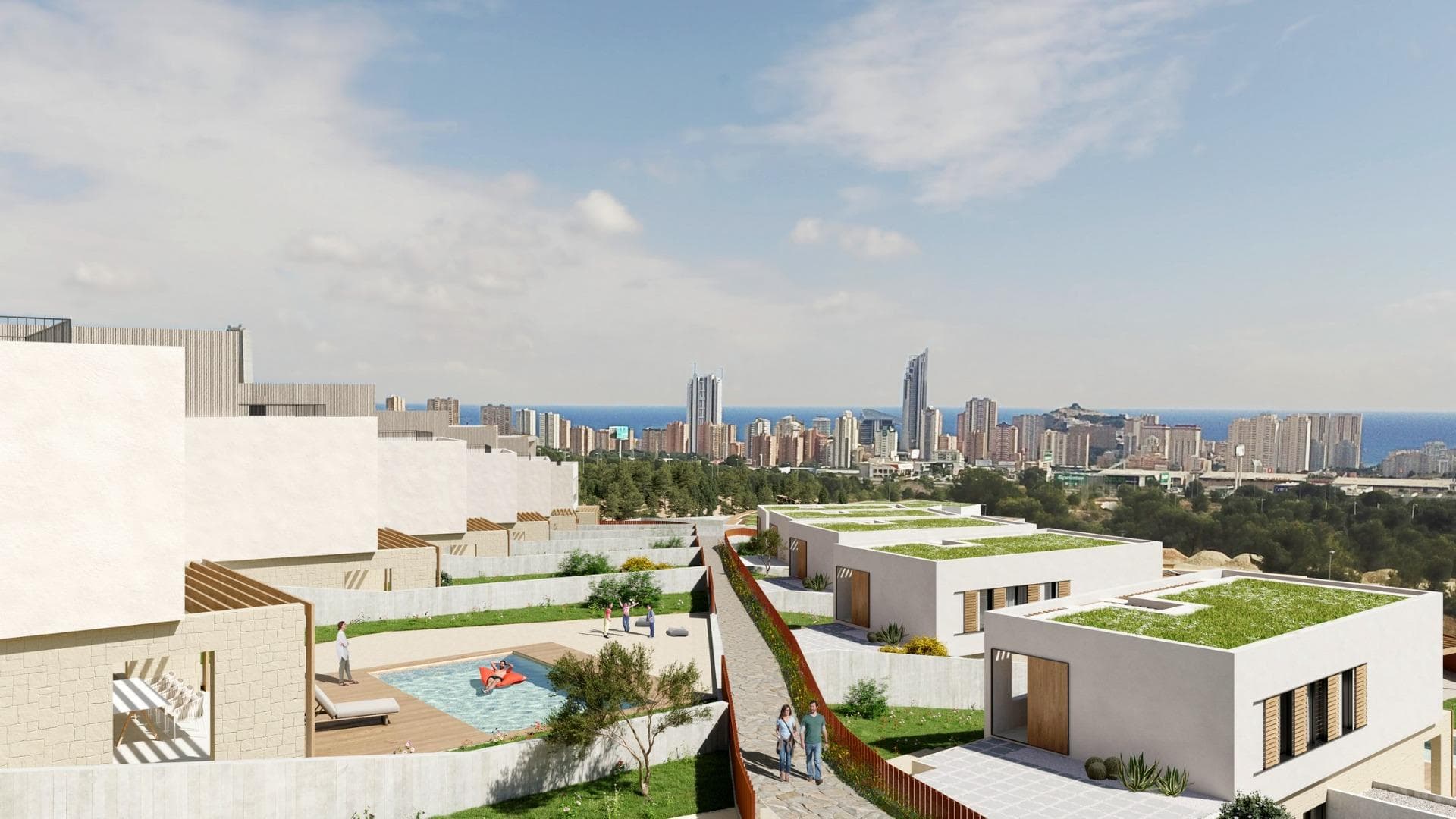 NEW BUILD VILLAS IN FINESTRAT&#13;&#13;New Build Modern villas in Finestrat.&#13;&#13;Villas with3 bedrooms and 3 bathrooms, open plan kitchen with lounge area, terrace with magnificent views over Benidorm, private garden with swimming pool and parking space.&#13;&#13;It is conceived as a fully walkable space with interior and exterior pathways that provide independent access to each floor. This design offers various perspectives of the architectural complex and its surroundings, with the sea and Sierra Cortina serving as a picturesque backdrop.&#13;&#13;The main entrance to the villa is located at the lower part of the plot, featuring ample parking for two vehicles. A water feature with lounge chairs introduces you to the ground floor, characterized by wide walls adorned with masonry. Extending seamlessly from the living room is a terrace, made possible by a large folding window. Wooden shutters on masonry walls provide a partially covered outdoor area for added comfort.&#13;&#13;The pool, with its aquamarine hues and gresite lining, sits adjacent to a pavement area crafted from non-slip porcelain tile with a wood-like appearance. &#13;This space also includes a barbecue area that can be customized to suit the user’s needs, with access from a paved zone through the natural terrain.&#13;&#13;Finestrat located in the Marina Baixa region of the Costa Blanca, close to neighbouring Benidorm and about 40 kilometres from the city of Alicante and the international airport.&#13;&#13;The village is situated on the mountainside of Puig Campana and offers beautiful views of the mountains, the coast and the Mediterranean Sea.&#13;&#13;Benidorm is just a five-minute drive from the properties and offers all the services you would need including shops, bars, restaurants, supermarkets, banks, pharmacies and several private international schools.&#13;