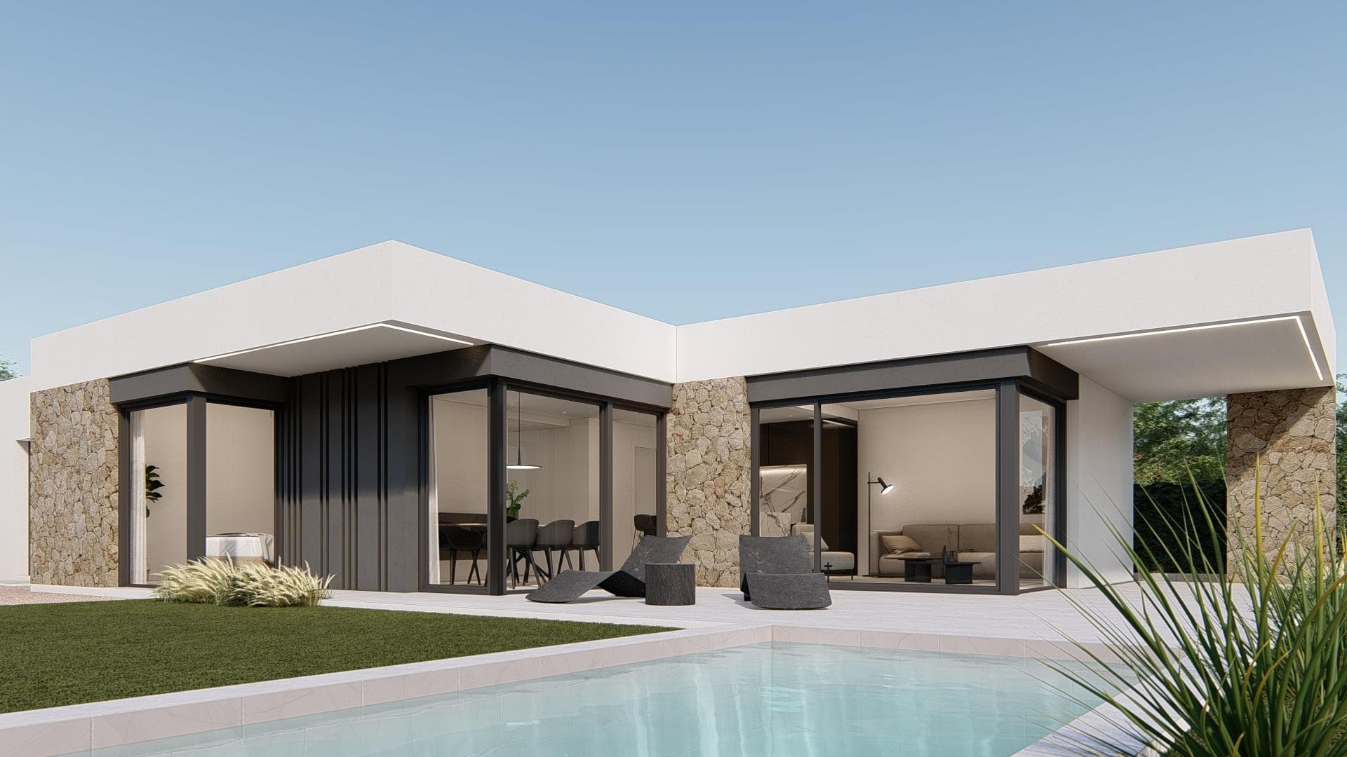 NEW BUILD VILLAS IN MOLINA DE SEGURA &#13;&#13;New Build one level villa with 3 bedrooms, 2 bathrooms, open plan kitchen with spacious living room, fitted wardrobes, terrace, private garden with the pool and parking space.&#13;&#13;Villas located in private urbanisation with 24h/7 security. &#13;Surroundings with a lot of nature and mountains.&#13;Shopping centres at 11 km (IKEA, shops, supermarkets, restaurants...)&#13;Supermarket at 350 m.&#13;Golf course at 7 km.&#13;Water park 12 km.&#13;2 international schools less than 20 min drive away.&#13;Murcia city centre 14 km.&#13;Beaches of Murcia 45 min and Orihuela Costa 50 min away.&#13;Murcia airport 30 min and Alicante airport 45 min away.&#13;Perfect location to enjoy Spanish life all year round.&#13;&#13;