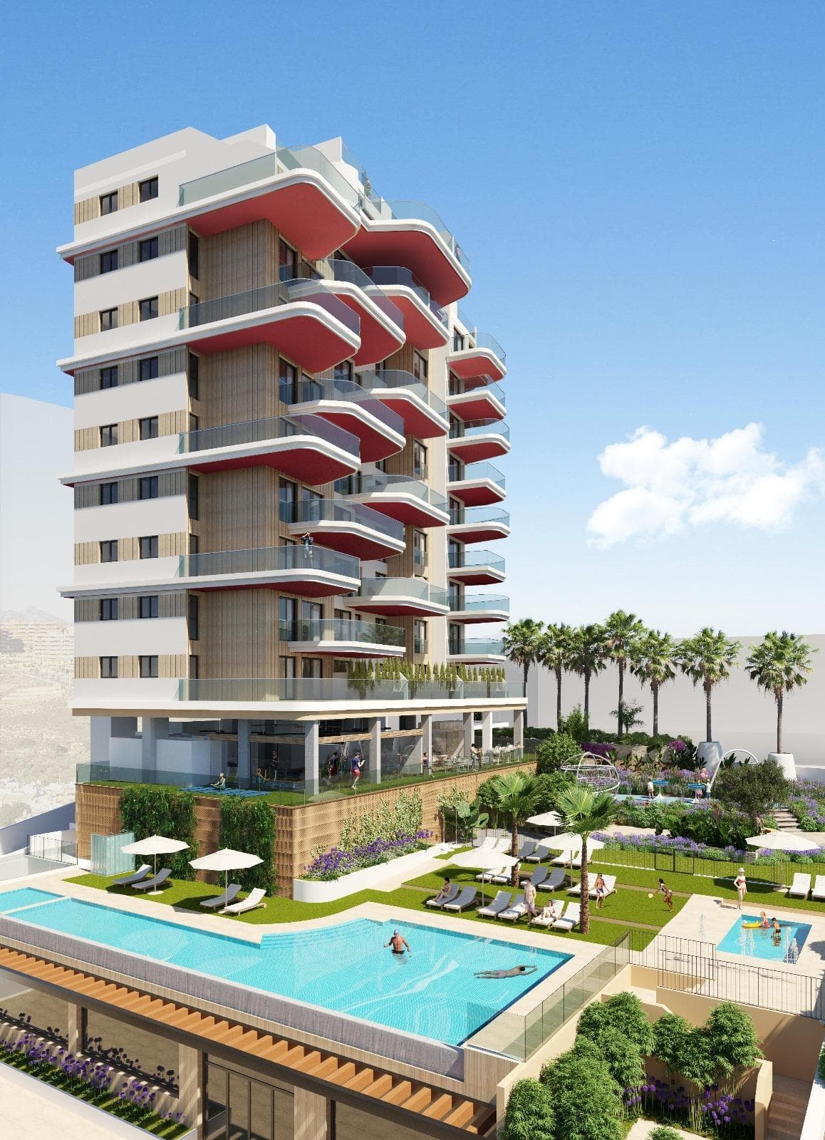 NEW BUILD APARTMENTS IN CALPE&#13;&#13;New Build residential complex of aprtments in Calpe.&#13;&#13;Modern apartments with 2 and 3 bedrooms, 2 bathrooms, open plan kitchen with living room, fitted wardrobes and terraces.&#13;&#13;Some of the properties have sea views.&#13;&#13;The common areas have a swimming pool for adults and children, a children’s play area.&#13;&#13;Each apartment has a parking space and storage room in the basement.&#13;&#13;Calpe, one of the towns of La Marina Alta, lies on the northern coast of the province of Alicante, surrounded by the towns of Altea, Benidorm, Teulada-Moraira, Benissa.&#13;&#13;Calpe has a wonderful mixture of old Valencian culture and modern tourist facilities. It is a great base from which to explore the local area or enjoy the many local beaches. Calpe alone has three of the most beautiful sandy beaches on the coast.&#13;&#13;Calpe also has two Sailing Clubs: Real Club Náutico de Calpe and Club Náutico de Puerto Blanco.&#13;&#13;Fishing village of Calpe now transformed into a tourist magnet, the town sits in an ideal location, easily accessed by the A7 motorway and the N332 that runs from Valencia to Alicante; its approximately 1 hour drive from the airport at Alicante and 1,5 hours to Valencias airport.&#13;