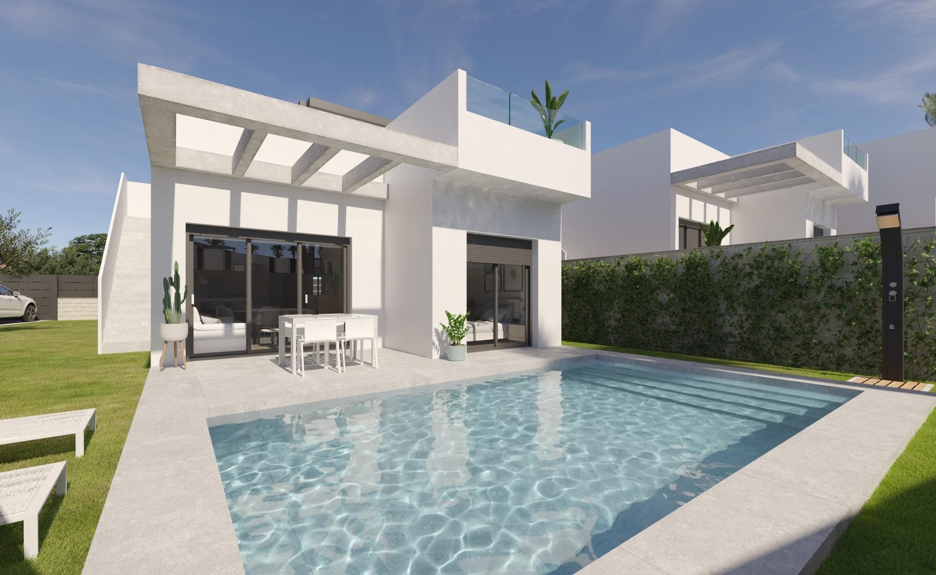 NEW BUILD VILLAS IN ALGORFA GOLF RESORT&#13;&#13;New Build residential of independent villas in La Finca Golf course, Algorfa.&#13;&#13;Villas build over 1 floor and consists of 3 bedrooms, 2 bathrooms, open plan kitchen, the living room with open views to the terrace, solarium, private garden with the pool and parking.&#13;&#13;Residential complex located in La Finca Golf resort, in the municipality of Algorfa, in the Vega Baja area of the Costa Blanca South.&#13;&#13;Only 15 minutes drive from the sandy beaches of Guardamar del Segura, and only 35 minutes from Alicante airport.&#13;&#13;The larger towns of Almoradi, Benijófar and Ciudad Quesada are a short drive away.&#13;&#13;Torrevieja and Orihuela Costa, with their large shopping centres, are 15 minutes away.&#13;