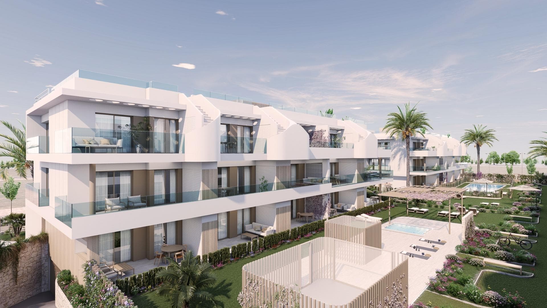 NEW BUILD RESIDENTIAL COMPLEX IN PILAR DE LA HORADADA&#13;&#13;New Build residential of apartments and penthouses with exceptional finishes in Pilar de la Horadada.&#13;&#13;Ground floor apartments with private gardens, middle floor apartments with large terraces and top floor penthouses with private solariums.&#13;&#13;The kitchen is delivered fully furnished, leaving enough space for you to choose the appliances according to your preferences.&#13;&#13;Only noble materials have been used, such as interior carpentry made entirely of wood and exterior Climalit/aluminium windows, ideal both for their design and for the high thermal-acoustic level they have.&#13;&#13;All the terraces are south-facing.&#13;&#13;Automatic gates in the residential, both for pedestrian access and vehicle access.&#13;&#13;The building is surrounded by gardens, it will also have a communal swimming pool, parking inside the complex and each property has its own private storage room.&#13;&#13;In the vicinity of this residential complex you will find all the facilities of public transport, schools, supermarkets, shopping centres, golf courses and fantastic municipal parks with their children's playgrounds.&#13;&#13;Everything at your fingertips so that you can enjoy an excellent location.&#13;&#13;Pilar de la Horadada is a typical Spanish village in the most southern part of the Costa Blanca.&#13;&#13;The large main street has supermarkets, lots of shops, restaurants and bars and some lovely squares.&#13;&#13;The beautiful beaches of Torre de la Horadada and Mil Palmeras with fine sand promenade is just 5 minutes away.&#13;&#13;The airports of Corvera (Murcia) and Alicante are respectively 40 and 55 minutes away.&#13;