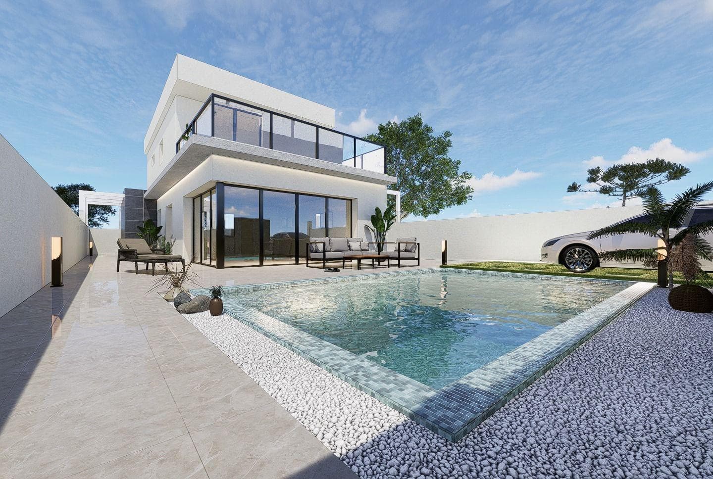 NEW BUILD VILLA IN PILAR DE LA HORADADA&#13;&#13;New Build villa in Pilar de la Horadada.&#13;&#13;Modern villa build over 2 floors, has 3 bedrooms, 2 bathrooms, open plan kitchen with the living room, terrace, garden with private pool and parking space.&#13;&#13;Pilar de la Horadada is a typical Spanish village in the most southern part of the Costa Blanca.&#13;&#13;The large main street has supermarkets, lots of shops, restaurants and bars and some lovely squares.&#13;&#13;The beautiful beaches of Torre de la Horadada and Mil Palmeras with fine sand promenade is just 5 minutes away.&#13;&#13;The airports of Corvera (Murcia) and Alicante are respectively 40 and 55 minutes away.&#13;