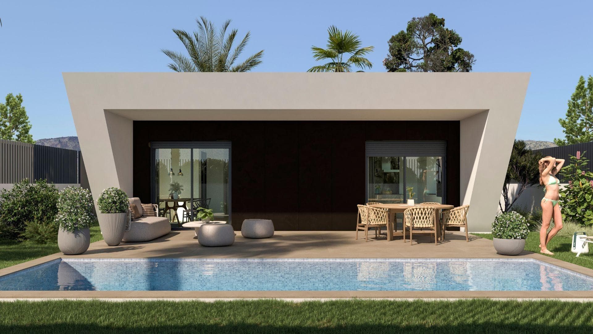 NEW BUILD VILLAS IN MONFORTE DEL CID&#13;&#13;New Build villas in Monforte del Cid, with the golf course just 3 minutes from home and right next to the cities of Alicante and Elche, where you will find a wide range of culture, gastronomy, entertainment and course coast. &#13;The golden sand beaches of the Mediterranean just a step away from your new home, a space where you can enjoy days of sun and sea at any time.&#13;Villas located 3 minutes from the sports center of the Alenda Golf golf course, making it the perfect location to enjoy the peace of a quiet urbanization but have all the services next to the house (Just 12 minutes away from Alicante-Elche Airport). The urbanization is a community that brings together the best of modern life and the tranquility of the natural environment (No community fees).&#13;Discover the elegance and comfort of this beautiful independent villa of 108m2 or 128m2 (possibility of two home sizes), designed to offer you an exceptional lifestyle, all on the ground floor. &#13;Located in the prestigious Urbanization, this property gives you a unique and quality living experience. On plots from 618m2, providing you with ample space to enjoy both indoors and outdoors.&#13;Enjoy the privacy offered by this independent villa, where you can relax in your own garden, create an oasis of tranquility, or even add a swimming pool to enjoy the warm summer days.&#13;&#13;The house is distributed in two large areas:&#13;Day area: Where we find a spacious living-dining room with an open office-type kitchen (kitchen furniture included) that connects with the large modern porch through its two large windows, giving way to the outdoor garden area and why no… to the pool. Light floods every corner thanks to the large windows in the living room, which open to the porch, a modern and functional space that invites you to enjoy the outdoors to the fullest. Imagine spending afternoons with family and friends, surrounded by a serene and natural environment. As an extra space, it has a &#13;laundry area strategically placed in the distribution of the home where it will be very easily accessible from any point in the home.&#13;Night or rest area: In this area we find 3 bedrooms. The master bedroom has a large dressing room and en-suite bathroom. In addition, a second bathroom to serve the rest of the bedrooms and housing.&#13;&#13;Here you will not only find a residential community, but a place where nature and elegance intertwine to provide you with an unmatched lifestyle. Whether to establish your permanent residence, to enjoy a vacation home or if you want to invest in your future, this villa is perfect for you.&#13;&#13;&#13;Private urbanisation close to the main cities of the province of Alicante, 15 minutes drive from Elche and Alicante, as well as the airport and the best beaches.&#13;Development is located in a peaceful setting close to the Alenda Golf Course in Monforte del Cid.&#13;