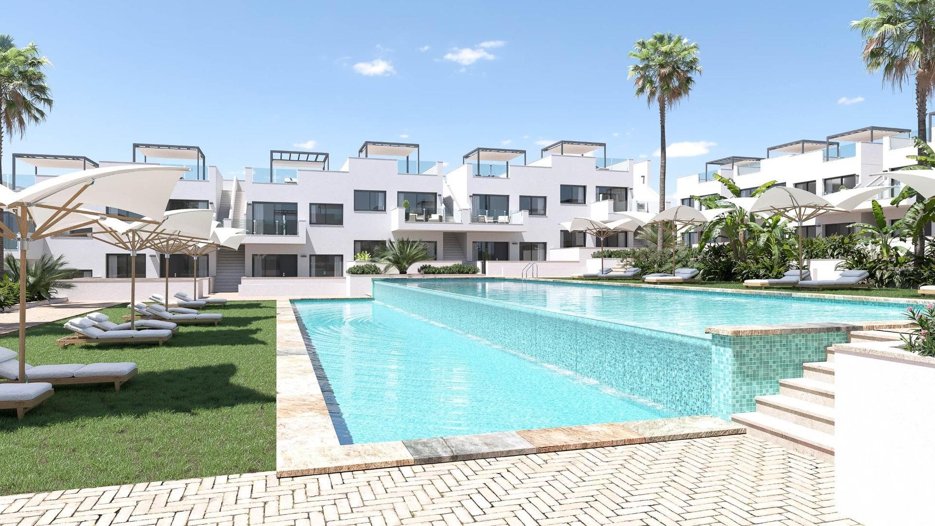 NEW BUILD RESIDENTIAL OF BUNGALOW APARTMENTS IN LOS BALCONES&#13;&#13;Discover the perfect harmony between luxury and comfort in our ground-floor apartments with a garden or upper-floor apartments featuring a balcony and solarium. &#13;The residences consist of 2 bedrooms and 2 bathrooms, with the option of a third bedroom to suit your needs. Each apartment offers spectacular views of the pink lagoon of Torrevieja, creating a unique experience where nature becomes an integral part of your daily life.&#13;&#13;The common areas are an extension of your own private oasis. Immerse yourself in our infinity pool while enjoying panoramic views of the pink lagoon, play with the little ones in the playground, or stroll through the landscaped green areas.&#13;&#13;Strategically nestled, places you minutes away from the beaches of Torrevieja, the bustling Zenia Boulevard shopping center, and a variety of amenities such as supermarkets, pharmacies, and restaurants. The proximity to golf courses and the highway exit to Alicante Airport ensures easy access to everything you love.&#13;&#13;This properties are more than a home; it is a lifestyle that embraces natural beauty, modern comfort, and convenience. Exceptional residential is the perfect place to live the life you've always imagined. Welcome to new residential, where each day is a masterpiece of luxury and serenity!&#13;