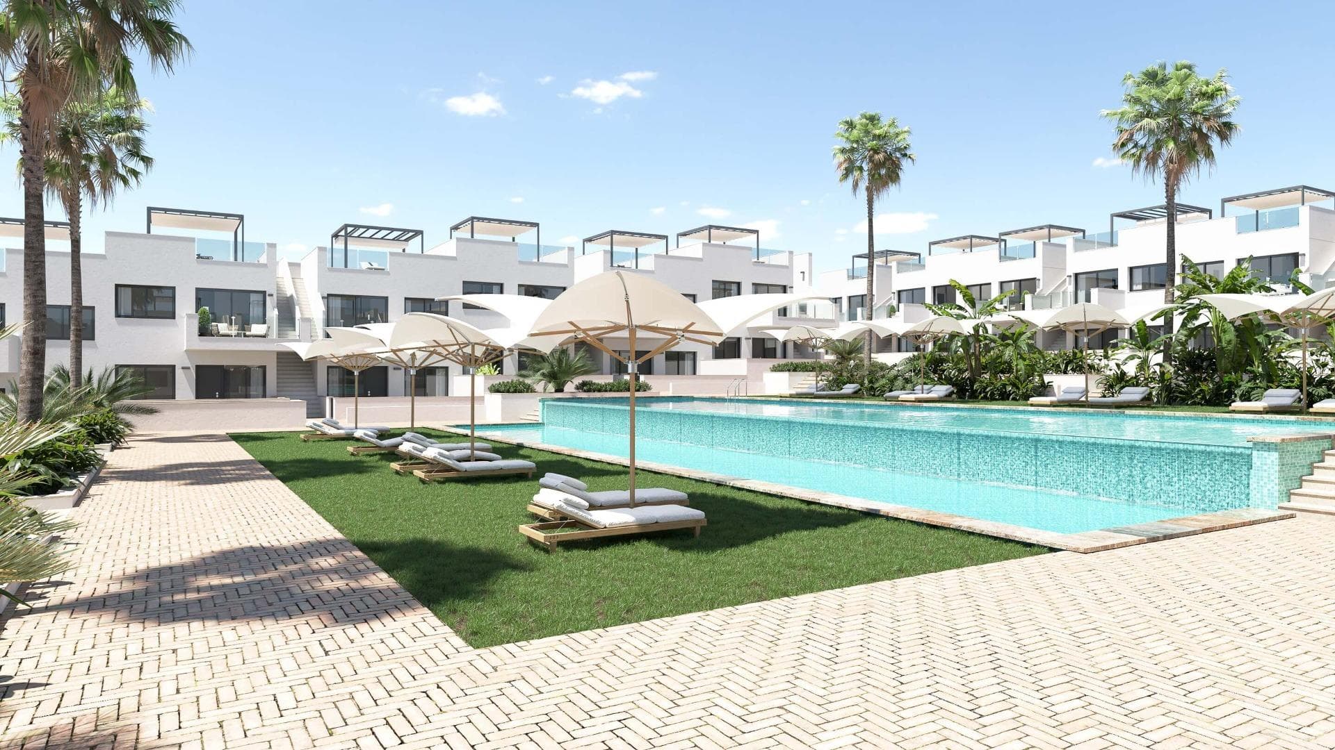 NEW BUILD RESIDENTIAL OF BUNGALOW APARTMENTS IN LOS BALCONES&#13;&#13;Discover the perfect harmony between luxury and comfort in our ground-floor apartments with a garden or upper-floor apartments featuring a balcony and solarium. &#13;The residences consist of 2 bedrooms and 2 bathrooms, with the option of a third bedroom to suit your needs. Each apartment offers spectacular views of the pink lagoon of Torrevieja, creating a unique experience where nature becomes an integral part of your daily life.&#13;&#13;The common areas are an extension of your own private oasis. Immerse yourself in our infinity pool while enjoying panoramic views of the pink lagoon, play with the little ones in the playground, or stroll through the landscaped green areas.&#13;&#13;Strategically nestled, places you minutes away from the beaches of Torrevieja, the bustling Zenia Boulevard shopping center, and a variety of amenities such as supermarkets, pharmacies, and restaurants. The proximity to golf courses and the highway exit to Alicante Airport ensures easy access to everything you love.&#13;&#13;This properties are more than a home; it is a lifestyle that embraces natural beauty, modern comfort, and convenience. Exceptional residential is the perfect place to live the life you've always imagined. Welcome to new residential, where each day is a masterpiece of luxury and serenity!&#13;
