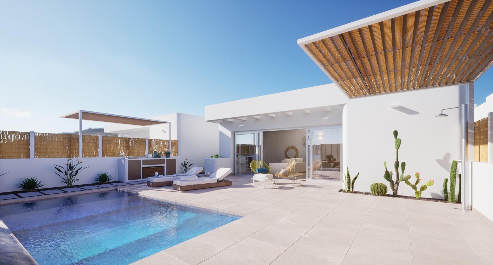 NEW BUILD VILLAS IN LOS ALCAZARES&#13;&#13;New Build villas in Los Alcazares .&#13;&#13;Ibiza style New Build villas on an independent plots with terrace, parking area and private pool. The house has a living room, kitchen, 3 bedrooms, 2 bathrooms, and has privileged views.&#13;&#13;An options for a private solarium at an extra cost.&#13;&#13;Carefully designed housing with high quality materials to satisfy the most demanding clients.&#13;&#13;&#13;Villas located 1 km from the beach and the town of Los Alcázares, where you can practice various water sports, surrounded by several golf courses.&#13;&#13;City of Cartagena less than 15 minutes by car and 30 minutes from Murcia Corvera airport.&#13;