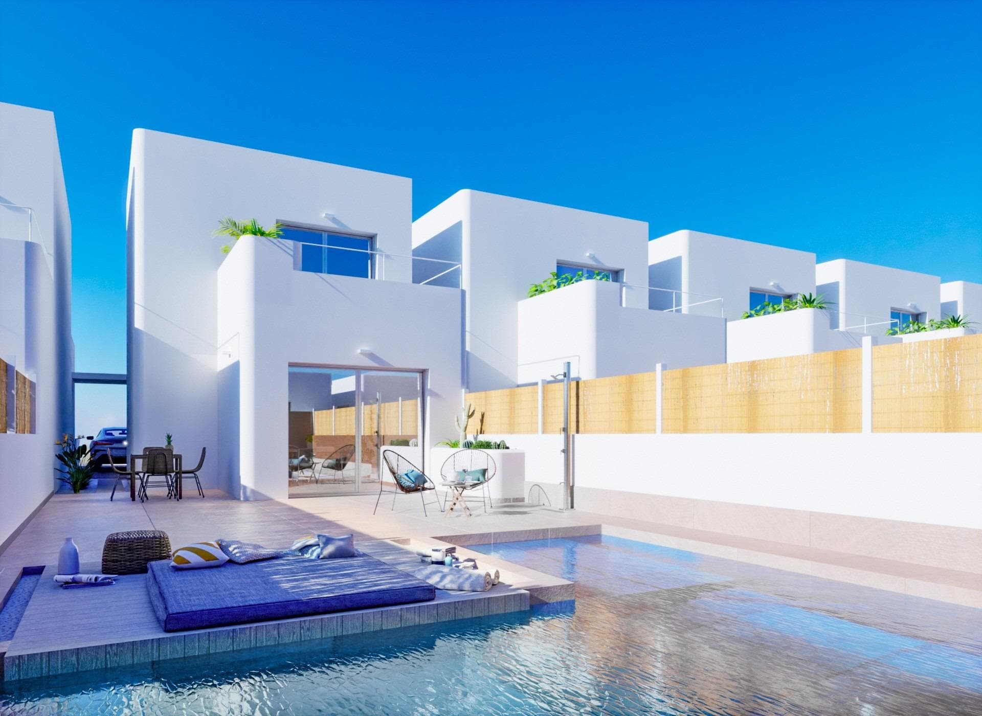 IBICENCAN STYLE NEW BUILD VILLAS IN LOS ALCAZARES&#13;&#13;Ibiza style villas build over 2 floors, has 3 bedrooms, 2 bathrooms, living room, kitchen, terrace, parking area and private pool. &#13;&#13;An options for a private solarium at an extra cost.&#13;&#13;Carefully designed housing with high quality materials to satisfy the most demanding clients.&#13;&#13;&#13;Villas located 1 km from the beach and the town of Los Alcázares, where you can practice various water sports, surrounded by several golf courses.&#13;&#13;City of Cartagena less than 15 minutes by car and 30 minutes from Murcia Corvera airport.&#13;
