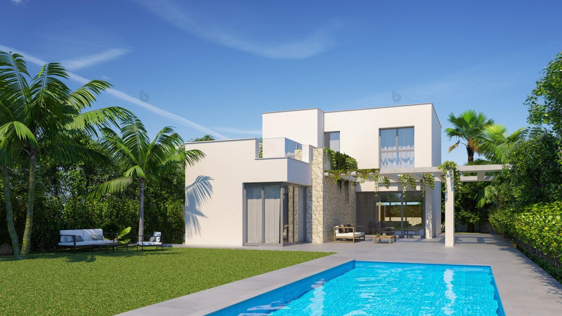 NEW BUILD VILLAS IN PILAR DE LA HORADADA ON THE GOLF COURSE 

3 New Build exclusive villas in Lo Romero Golf are the perfect opportunity to enjoy a home on the front line of the golf course.
This residential is characterized by its fantastic location and its spectacular views to the sea and the golf course.

The sophisticated and modern architecture used, as well as its careful selection of qualities, make our homes unique projects, aimed at demanding clients, who are looking for a good investment and quality of life.

New Build detached villas has 3 bedrooms, 4 bathrooms, open plan kitchen with the lounge area, fitted wardrobes, private garden with the pool and off road parking space.

Lo Romero Golf Resort is located in a privileged area of the municipality of Pilar de la Horadada (Alicante), in the heart of the Costa Blanca. 
The 18-hole golf course is close to beautiful beaches with crystal-clear waters and is perfectly connected by road to the cities of Alicante and Murcia, as well the airports of Corvera (Murcia) and Alicante are respectively 40 and 55 minutes away.

Pilar de la Horadada is a typical Spanish village in the most southern part of the Costa Blanca.

The large main street has supermarkets, lots of shops, restaurants and bars and some lovely squares.

The beautiful beaches of Torre de la Horadada and Mil Palmeras with fine sand promenade is just 5 minutes away.
