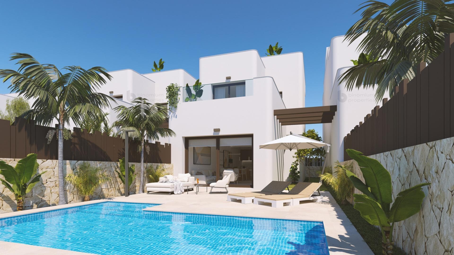 NEW BUILD VILLAS IN MIL PALMERAS

New Build residential of villas in Mila Palmeras designed to enjoy the Mediterranean climate. 
Each villa has magnificent terraces, solarium and a beautiful garden with a designer swimming pool. With an unbeatable orientation, close to the beach and within a consolidated urbanization with sports facilities and leisure areas.

The properties have spacious rooms distributed over 2 floors. On the ground floor, linked to the garden, we find a bright living-dining room plus kitchen as well as a double bedroom and bathroom. 
On the first floor there are 2 further double bedrooms each with their own bathroom. A fantastic solarium completes the whole on the roof floor.

Mil Palmeras is situated in a privileged area of Torre de la Horadada. Its tranquillity as well as its proximity to the beach and all kinds of services make it an unbeatable enclave.

Villasl located close to the sandy beach with a promenade between Campoamor and Torre de la Horadada , all amenities you need such schools, restaurants, sports facilities etc which are open all year round.

The village has a little square and a great ‘restaurant alley’ which is packed with international restaurants and the Lo Monte Natural Park which is a special reserve for birds.

The natural park of Rio Seco is also here for lovers of nature and hiking.

Murcia and Alicante airports located 45 minutes away.