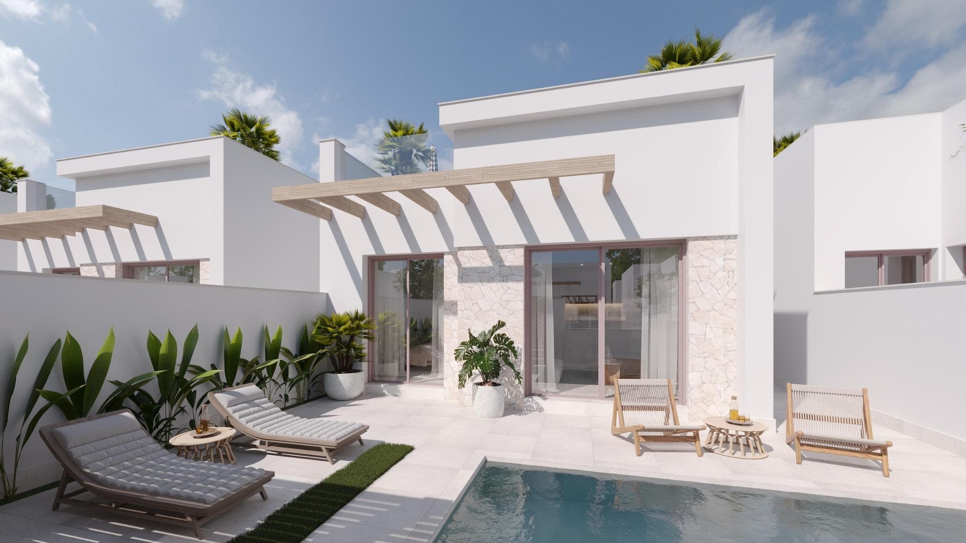 NEW BUILD SEMI-DETACHED VILLAS IN ROLDAN&#13;&#13;New Build semi-detached villas in Roldan, Torre Pacheco.&#13;&#13;Modern villas build over one floor, has 2 or 3 bedrooms, 2 bathrooms, open plan kitchen with the lounge area, fitted wardrobes, private solarium.&#13;&#13;All villas has private garden with pool and parking space.&#13;&#13;Roldan itself is a traditional town with all the local amenities you will need including Supermarkets, Restaurants, Bars, Health Clinic, Pharmacy, Police Station, Petrol Station, Mechanics, Dentists, Doctors and more.&#13;&#13;The nearby golf resorts of La Torre, &amp; Terrazas are easily accessible, Corvera Airport is 15 minutes away &amp; the beaches of the Mar Menor just 20 minutes drive.&#13;