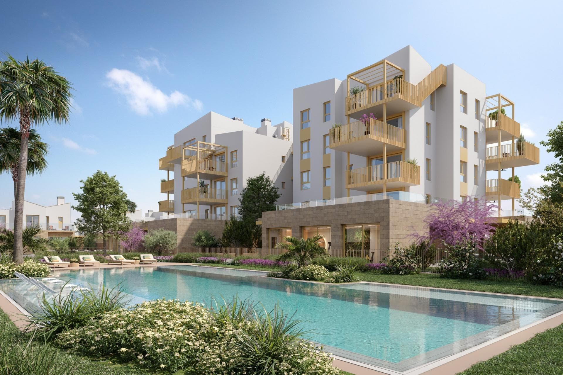 NEW BUILD RESIDENTIAL IN EL VERGEL&#13;&#13;New Build residential complex of 65 modern 2 bedrooms apartments and 2 and 3 bedrooms townhouses in El Vergel.&#13;&#13;Following the sustainability and energy efficiency approach of residential complex the designers have created a project where terraced single-family homes predominate. &#13;This residential concept provides an environment where communal spaces are accessible to all residents, while each home has its own private spaces, both indoors and outdoors, for daily enjoyment.&#13;&#13;The communal areas breathe a natural and welcoming atmosphere. As you explore its different areas, you will find perfect spaces for walking, sports, and, above all, for cycling.&#13;&#13;Experience a unique lifestyle in residential community, where every detail is designed for your comfort and enjoyment. Dive into the refreshing pool, train in the gym, relax in the sauna, and share unforgettable moments with family and friends in the social club.&#13;&#13;Equipment:&#13;Swimming pool&#13;GYM&#13;Sauna&#13;Gardens&#13;Social Club&#13;Beach point&#13;Sustainable energy&#13;&#13;Residential complex is a communal area that will allow you to enjoy La Almadraba beach in its purest essence. Residents will have access to this beachfront space where they can organise their own events, park their bicycles, store nautical equipment, and take a shower or dip in the pool after enjoying the sea.&#13;&#13;A gateway to the sea on the shores of La Almadraba beach in Denia.&#13;