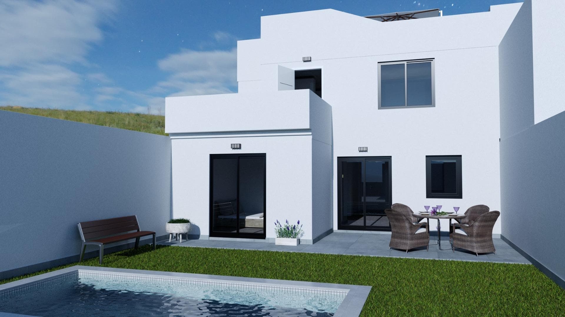 NEW BUILD DEVERLOPMENT IN LOS BELONES, LA MANGA MAR MENOR&#13;&#13;New Build luxurious complex of 5 properties (3 townhouses and 2 villas) with private swimming pool, gated garage, interior patio, solarium with Summer kitchen and pre-installation for electric vehicle charging.&#13;&#13;Each property has 3 bedrooms and 3 bathrooms, designed with elegant and functional interiors, fully fitted kitchens, appliances included. &#13;The bedrooms include lined wardrobes with drawer units and also have pre-installation for ducted air conditioning.&#13;&#13;Los Belones is a highly popular large village just a short drive from the famous La Manga Club and 1 km from sandy beaches of the warm Mar Menor and 3km to the beautiful Mediterranean sea.&#13;&#13;The village is a thriving environment typically Spanish offering a great selection of tapas bars, restaurants and an abundance of amenities. Every Tuesday there is a weekly market which is very popular with locals and tourists.&#13;&#13;Within a 20 minute drive to the historical port of Cartagena.&#13;&#13;Airports: Murcia regional airport (Corvera) is 35 minute drive and Alicante airport 75 minute drive.&#13;
