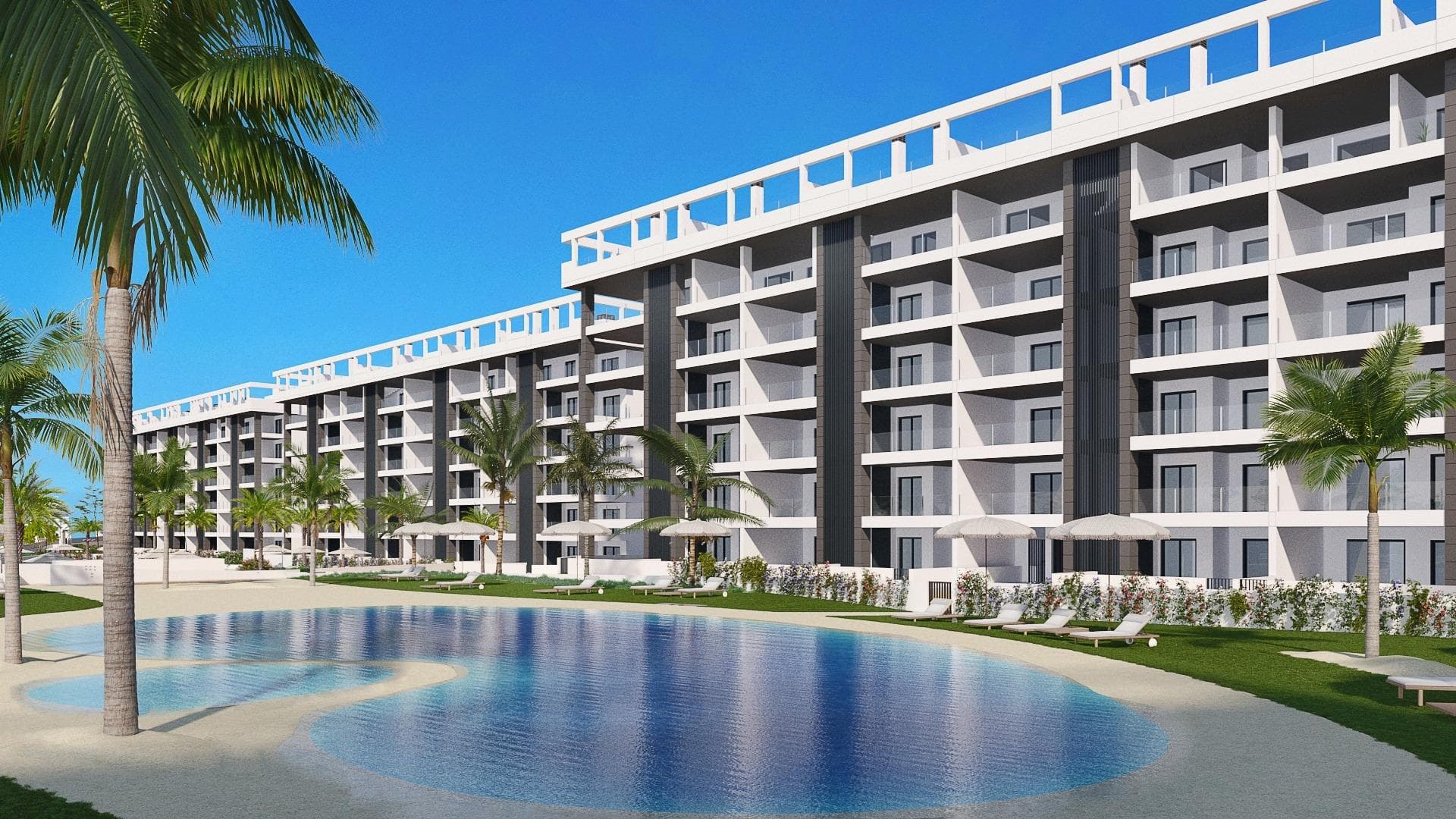 NEW BUILD GATED URBANIZATION IN TORREVIEJA ONLY 700M FROM THE BEACH&#13;&#13;New Build residential complex of 362 apartments with large community areas in Torrevieja.&#13;&#13;You can choose between luxury 2 bedrooms and 2 bathrooms apartments , 3 bedrooms and 2 bathrooms penthouses with private solarium and 2 bedroom, 2 bathroom ground floor apartments with private garden.&#13;&#13;-Modern designs and quality finishes and materials&#13;-Almost all apartments will have sea views&#13;-All apartments comes with large front terraces facing the community areas&#13;-Communal areas with two swimming pools for adults, children's pool, children's area, gym, sports area and spa,&#13;bicycle parking and vehicle parking area&#13;-700 meters to La Mata Beach, 10 minutes walking&#13;-In front of Torremarina Shopping Center with Mercadona, restaurants, cafes and other shops&#13;&#13;Torrevieja is a Spanish town in the province of Alicante, on the Costa Blanca. &#13;&#13;It is known for its typically Mediterranean climate and coastline. It has boardwalks with resorts along its sandy beaches. &#13;&#13;The small Museum of the Sea and Salt houses exhibitions on the fishing and salt history of the city. &#13;&#13;In the interior, the Lagunas de La Mata-Torrevieja Natural Park has trails and two salty lagoons, one pink and the other green.&#13;Alicante airport located 40 minutes away and Murcia airport about 1 hour away.&#13;