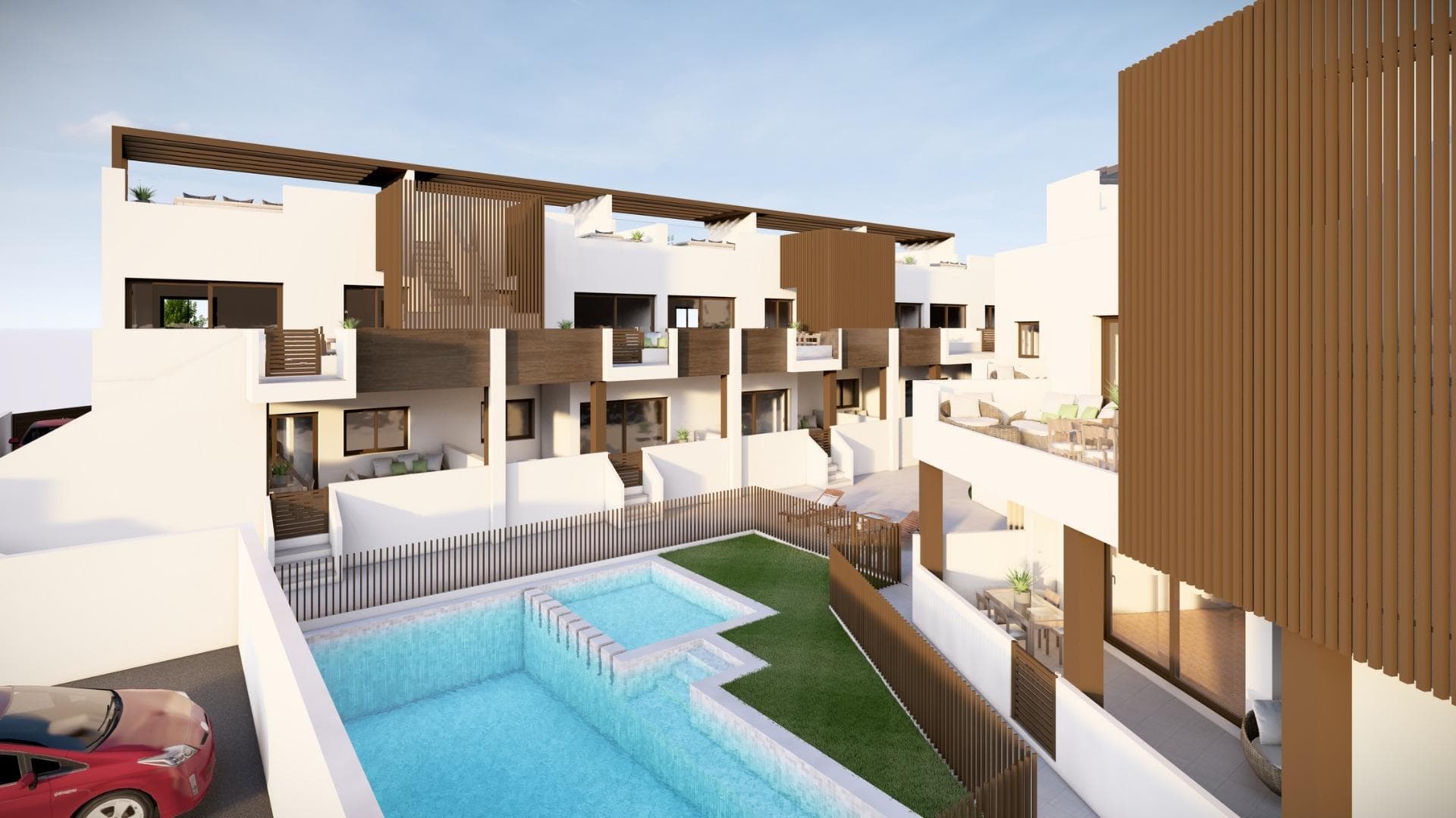 NEW BUILD RESIDENTIAL OF BUNGALOW APARTMENTS IN PILAR DE LA HORADADA&#13;&#13;New Build bungalow apartments located in Pilar de la Horadada.&#13;&#13;New Build project includes 16 bungalows with 3 bedrooms and 2 bathrooms, on the top floor with private solarium and on the ground floor with beautiful terrace and private garden. &#13;All the properties will have access to a communal swimming pool.&#13;&#13;Each property has parking space.&#13;&#13;It is located in a residential area close to all services.&#13;&#13;Pilar de la Horadada is a typical Spanish village in the most southern part of the Costa Blanca.&#13;&#13;The large main street has supermarkets, lots of shops, restaurants and bars and some lovely squares.&#13;&#13;The beautiful beaches of Torre de la Horadada and Mil Palmeras with fine sand promenade is just 5 minutes away.&#13;&#13;The airports of Corvera (Murcia) and Alicante are respectively 40 and 55 minutes away.&#13;