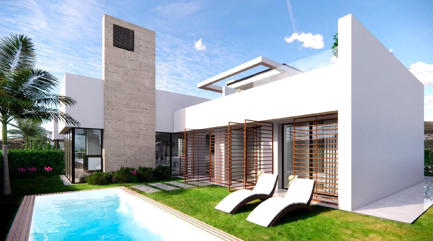 NEW BUILD VILLAS IN PRIVATE GATED RESORT IN PROVINCE OF MURCIA&#13;&#13;New Build villas in private gated resort in the Murcia region, surrounded by excellent golf courses and just 10 minutes from the sandy beaches of the Mar Menor Sea.&#13;&#13;This exclusive project consists of 4 independent villas with 3 bedrooms and 3 bathrooms on one floor, with private swimming pool 3 x 7, open plan basement with light and ventilation through an English patio and large solarium on a plot of 400 m2 approx. The properties have fully equipped kitchens and bathrooms and pre-installation of air conditioning ducts.&#13;&#13;Located in a private gated resort, with a main access entrance and 24 hours security. The resort is designed around an impressive 126.000 m2 green area.&#13;&#13;It comprises walking and cycling paths, sport facilities, paddle and tennis courts, a mini-golf course, gardens, dog parks, leisure areas, clubhouse…. Also in the central area is the jewel of the resort, a crystal-clear artificial lake of almost 17.000m2 of water surface, surrounded by white sandy beaches and palm trees, bringing a piece of the Caribbean to the Murcia Region.&#13;&#13;There are 2 islands in the lake, one of them has its own bar, there are also “beach Chiringuitos” spread around the lake.&#13;&#13;The resort is strategically located less than 4 km from the beach and the town of Los Alcázares, where you can practice various water sports, surrounded by several golf courses and the city of Cartagena less than 15 minutes by car and 22 km from Murcia airport, therefore having a wide cultural, gastronomic and sports offer within reach.&#13;