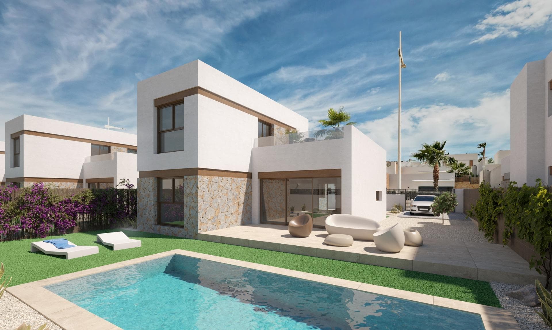 NEW BUILD VILLAS IN ALGORFA&#13;&#13;New build residential complex with beautiful villas in Algorfa.&#13;&#13;Villas build over 2 floors, has 3 bedrooms, 2 bathrooms, open plan kitchen with living area, where are large windows with direct access to the terrace and the pool.&#13;It has a parking space on the plot.&#13;&#13;Algorfa has an infrastructure of high quality services that allows you to live comfortably.&#13;Close the wonderful beaches of Guardamar and Torrevieja where you can enjoy its warm waters and sunbathe for more than three hundred days a year.&#13;In addition, in these tourist towns you will find shopping censers, restaurants and entertainment venues.&#13;Alicante airport is 40 minutes drive away &amp; Murcia airport is 55 minutes drive away.&#13;