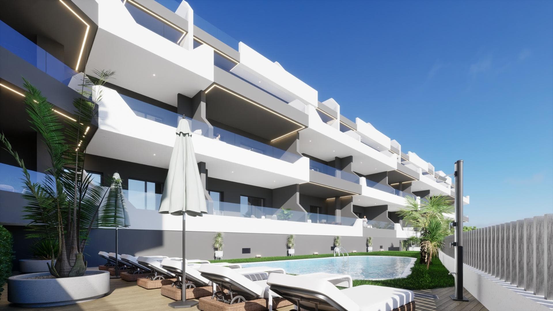 NEW BUILD BUILD RESIDENTIAL COMPLEX IN BENIJOFAR&#13;&#13;New Build residential complex in the quiet area of Benijofar.&#13;&#13;Residential made up of 35 apartments and penthouses with 2, 3 and 4 bedrooms and 2 bathrooms, open plan kitchen with the lounge area, fitted wardrobes, terraces.&#13;&#13;The penthouses also have a large private solarium where you can enjoy the beautiful summer sunsets.&#13;&#13;New Build residential complex has a large green area with a swimming pool.&#13;An options underground parking space and storage at an extra cost.&#13;&#13;Benijofar it is a lovely village with a charming church and all services such as supermarkets, pharmacies, banks, restaurants and natural park located very close to the villas.&#13;&#13;There are several golf courses close by as well as water parks in nearby Rojales and Torrevieja.&#13;&#13;The best beaches of Guardamar are only 10 minutes away by car with more than 11 km of white sand dunes and crystal clear waters.&#13;Benijófar located a few minutes from the N-332 and AP-7.&#13;&#13;Just 30 minutes from Alicante airport, 10 minutes from the beaches of Guardamar and Torrevieja.&#13;