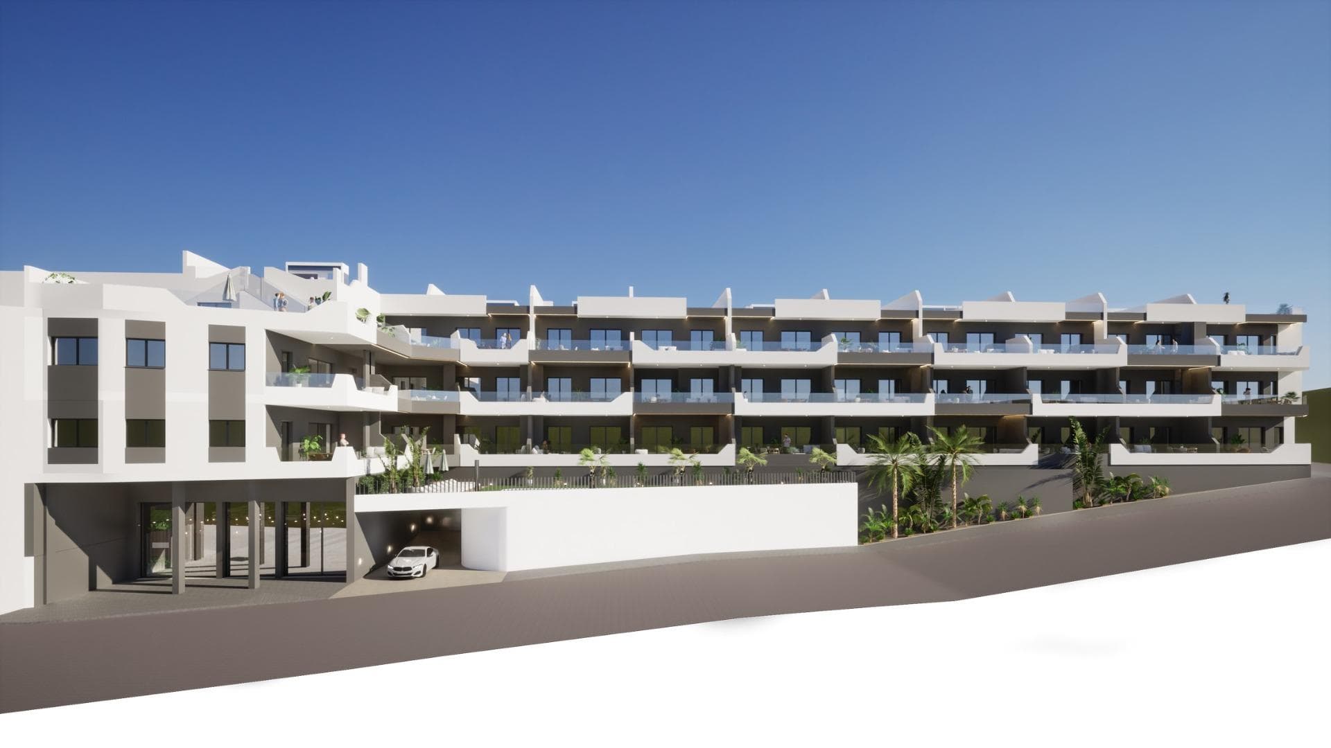 NEW BUILD BUILD RESIDENTIAL COMPLEX IN BENIJOFAR&#13;&#13;New Build residential complex in the quiet area of Benijofar.&#13;&#13;Residential made up of 35 apartments and penthouses with 2, 3 and 4 bedrooms and 2 bathrooms, open plan kitchen with the lounge area, fitted wardrobes, terraces.&#13;&#13;The penthouses also have a large private solarium where you can enjoy the beautiful summer sunsets.&#13;&#13;New Build residential complex has a large green area with a swimming pool.&#13;An options underground parking space and storage at an extra cost.&#13;&#13;Benijofar it is a lovely village with a charming church and all services such as supermarkets, pharmacies, banks, restaurants and natural park located very close to the villas.&#13;&#13;There are several golf courses close by as well as water parks in nearby Rojales and Torrevieja.&#13;&#13;The best beaches of Guardamar are only 10 minutes away by car with more than 11 km of white sand dunes and crystal clear waters.&#13;Benijófar located a few minutes from the N-332 and AP-7.&#13;&#13;Just 30 minutes from Alicante airport, 10 minutes from the beaches of Guardamar and Torrevieja.&#13;