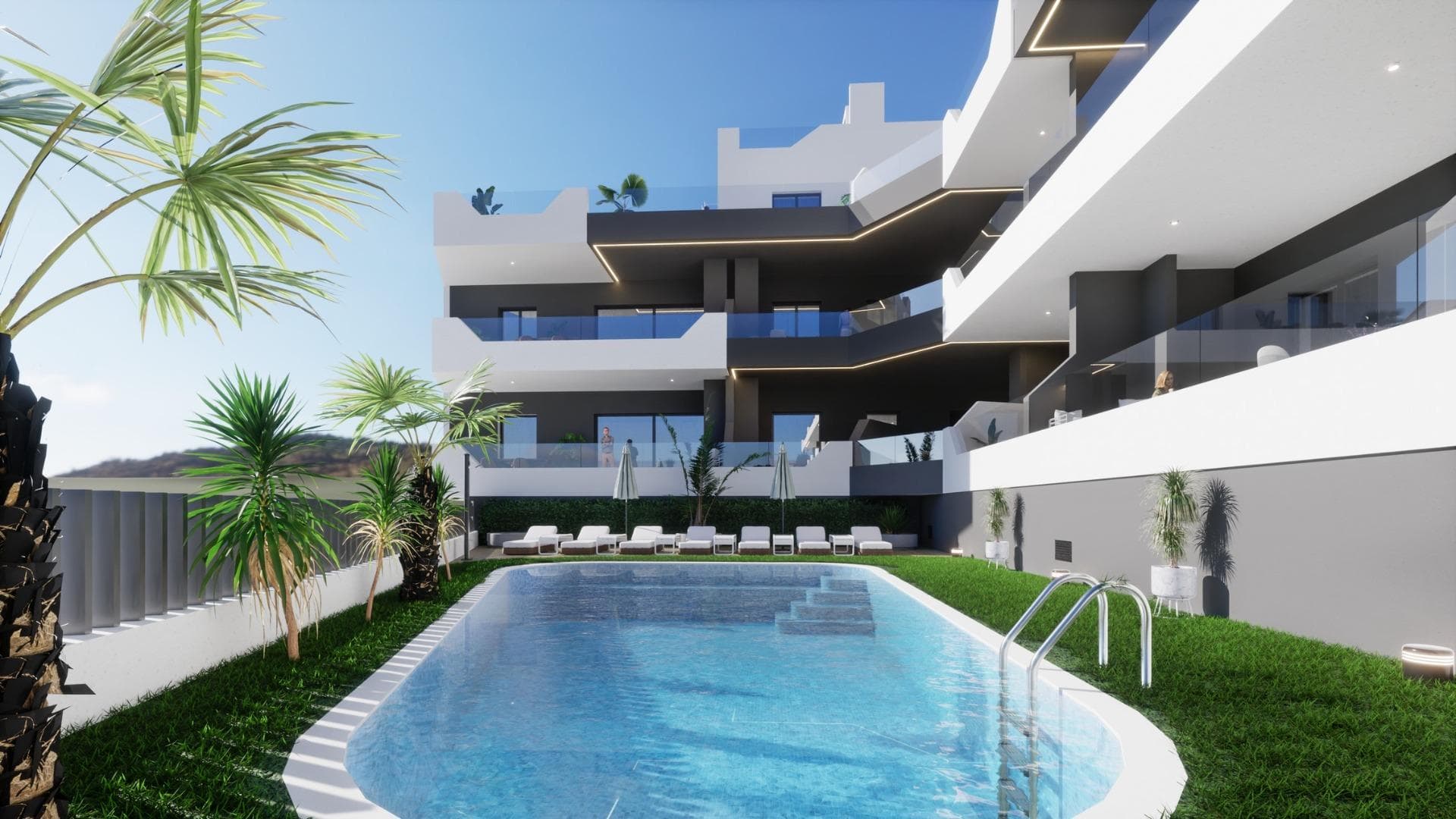 NEW BUILD BUILD RESIDENTIAL COMPLEX IN BENIJOFAR&#13;&#13;New Build residential complex in the quiet area of Benijofar.&#13;&#13;Residential made up of 35 apartments and penthouses with 2, 3 and 4 bedrooms and 2 bathrooms, open plan kitchen with the lounge area, fitted wardrobes, terraces.&#13;&#13;The penthouses also have a large private solarium where you can enjoy the beautiful summer sunsets.&#13;&#13;New Build residential complex has a large green area with a swimming pool.&#13;An options underground parking space and storage at an extra cost.&#13;&#13;Benijofar it is a lovely village with a charming church and all services such as supermarkets, pharmacies, banks, restaurants and natural park located very close to the villas.&#13;&#13;There are several golf courses close by as well as water parks in nearby Rojales and Torrevieja.&#13;&#13;The best beaches of Guardamar are only 10 minutes away by car with more than 11 km of white sand dunes and crystal clear waters.&#13;Benijófar located a few minutes from the N-332 and AP-7.&#13;&#13;Just 30 minutes from Alicante airport, 10 minutes from the beaches of Guardamar and Torrevieja.&#13;