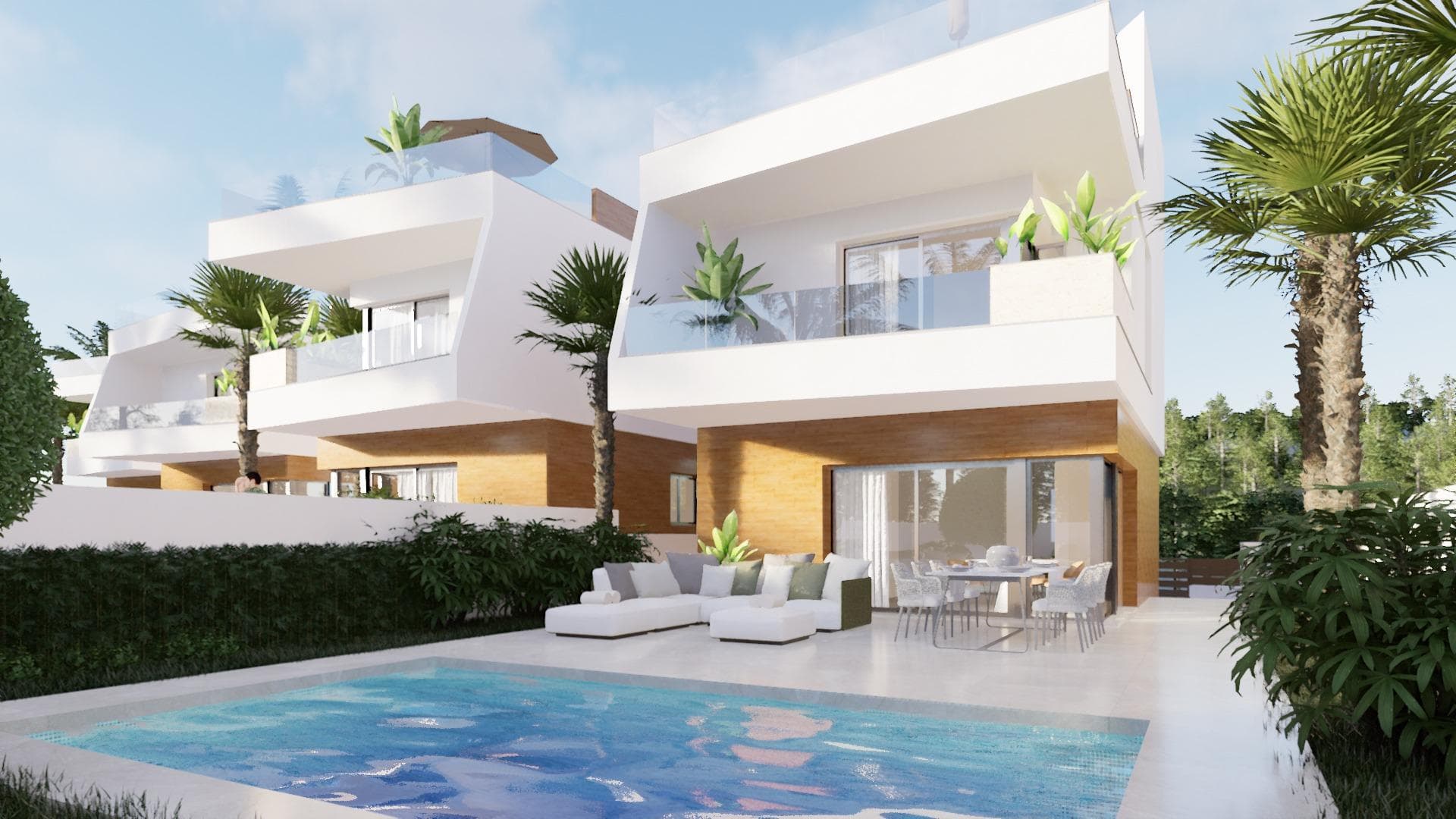 NEW BUILD VILLAS IN PILAR DE LA HORADADA ON THE GOLF COURSE&#13;&#13;New Build residential consists of 6 exclusive villas with 3 bedrooms and 3 bathrooms located on the front line of the Lo Romero golf course and only a few minutes away from the nearest beach.&#13;⠀&#13;In addition, each villa has its own plot with private swimming pool, parking space and terrace with solarium and summer kitchen.&#13;&#13;Pilar de la Horadada is the southernmost town and municipality on the Costa Blanca in the province of Alicante.&#13;&#13;The city is located on the border between the Comunidad Valenciana and the Murcia region.&#13;&#13;The town of Pilar de la Horadada is a typical Spanish town located just 2 km from the coast and the popular beaches of Torre de la Horadada.&#13;&#13;In the centre of Pilar de la Horadada you will find all amenities: shops, patisseries, banks, etc. along the main street 'Calle Mayor'. You will also experience a wonderful atmosphere near the local church on the 'Plaza de la Iglesia' where there are several cafes.&#13;&#13;In Pilar de la Horadada there is also a well-developed cycling and walking path network, and there is also a large offer of various sports activities.&#13;&#13;Lo Romero 18 hole golf course is just a short drive from town.&#13;&#13;The airports of Corvera (Murcia) and Alicante are respectively 40 and 55 minutes away.&#13;