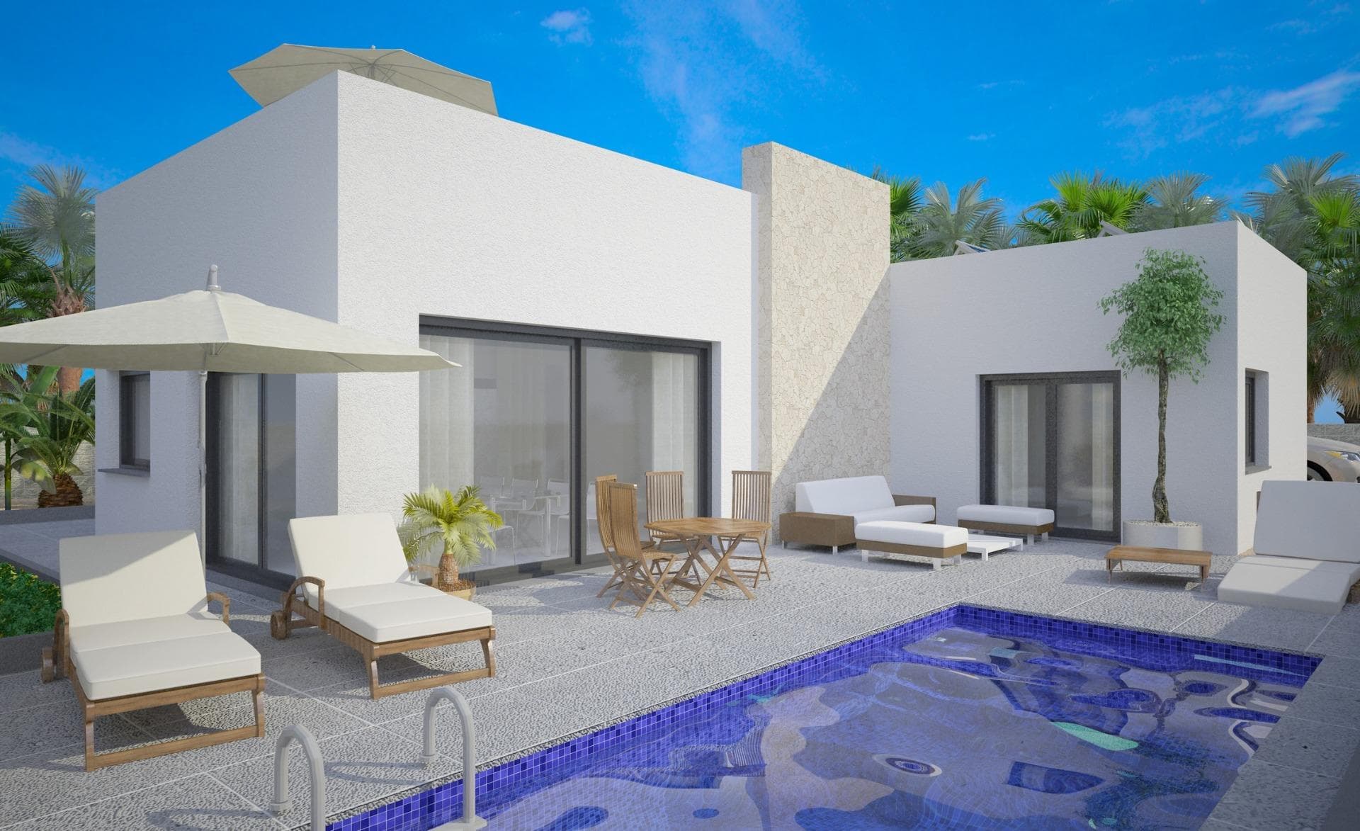 NEW BUILD MODERN VILLA IN BENIJOFAR&#13;&#13;New Build villa located in Benijófar, a privileged area of the Costa Blanca, equipped with all services, 20 minutes from Alicante Airport, near the beautiful beaches of Guardamar and several golf courses.&#13;It is a modern style villa consisting of an open-plan kitchen with spacious living-dining room, 3 bedrooms and 2 bathrooms.&#13;It also has a private plot with terrace, parking area, private pool.&#13;&#13;An options for a solarium at an extra cost.&#13;&#13;Benijofar it is a lovely village with a charming church and all services such as supermarkets, pharmacies, banks, restaurants and natural park located very close to the villas.&#13;There are several golf courses close by as well as water parks in nearby Rojales and Torrevieja.&#13;Benijófar located a few minutes from the N-332 and AP-7.&#13;Just 30 minutes from Alicante airport, 10 minutes from the beaches of Guardamar and Torrevieja.&#13;&#13;