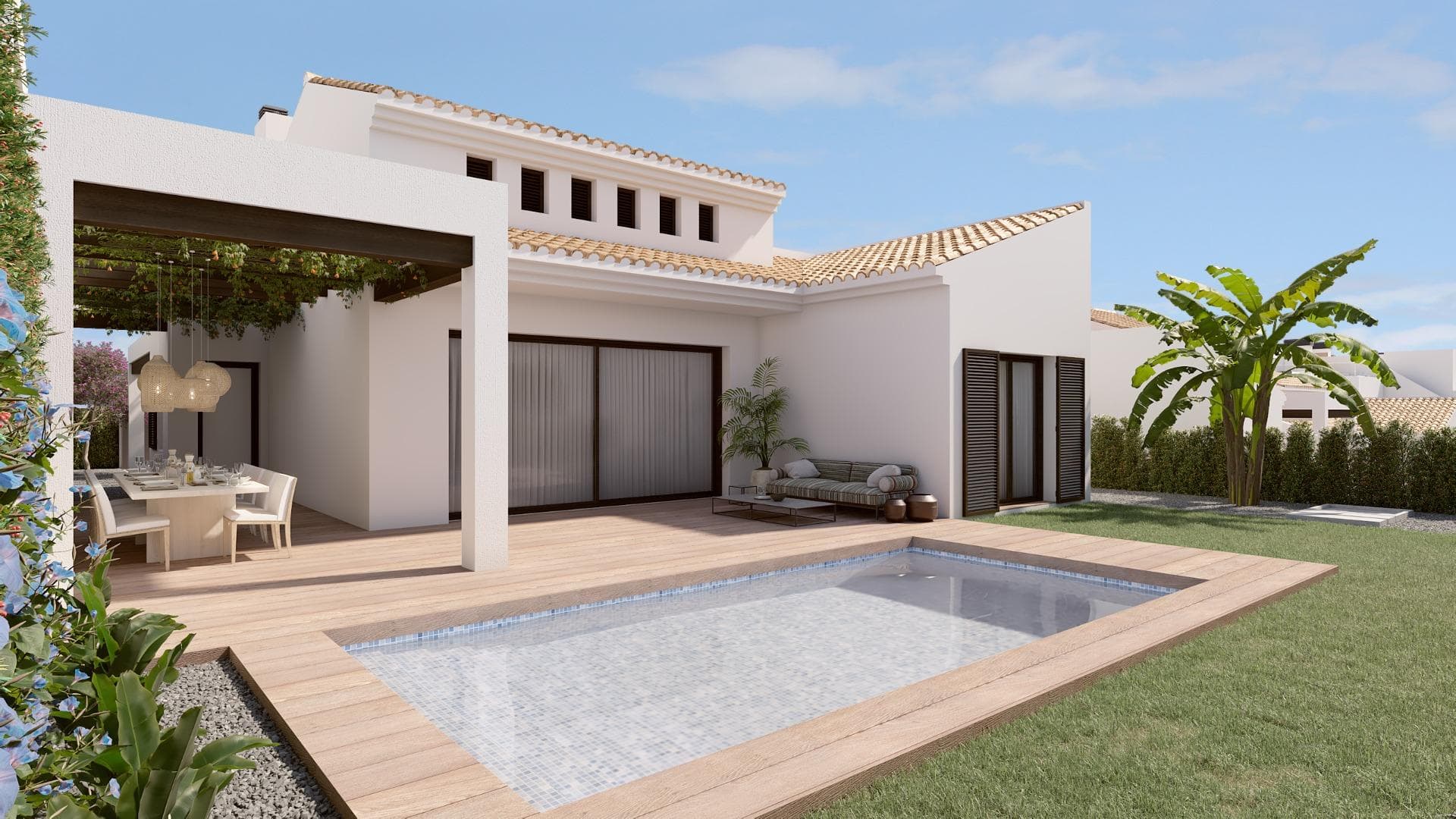 NEW BUILD VILLAS IN ALGORFA&#13;&#13;New Build Mediterranean style villas in La Finca Golf course, Algorfa.&#13;&#13;New Build villas with 3 bedrooms, 2 bathrooms, an open plan kitchen with living area where patio doors leading out into the garden with swimming pool and off road parking.&#13;&#13;Villas located in La Finca Golf resort, in the municipality of Algorfa, in the Vega Baja area of the Costa Blanca South.&#13;&#13;Only 15 minutes drive from the sandy beaches of Guardamar del Segura, and only 35 minutes from Alicante airport.&#13;&#13;The larger towns of Almoradi, Benijófar and Ciudad Quesada are a short drive away.&#13;&#13;Torrevieja and Orihuela Costa, with their large shopping centres, are 15 minutes away.&#13;