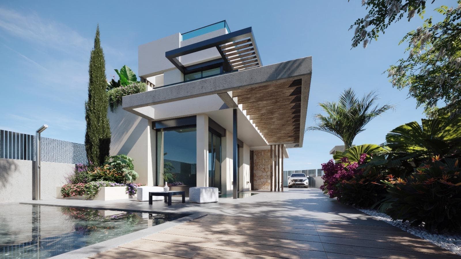 NEW BUILD VILLAS IN PRIVATE GATED RESORT IN PROVINCE OF MURCIA&#13;&#13;New Build villas in private gated resort in the Murcia region, surrounded by excellent golf courses and just 10 minutes from the sandy beaches of the Mar Menor Sea.&#13;&#13;Villas build over of 3 floors and has 3 bedrooms, 3 bathrooms, open plan kitchen and living-dining room, fitted wardrobes, basement, private garden with the pool and parking space.&#13;&#13;Located in a private gated resort, with a main access entrance and 24 hours security. The resort is designed around an impressive 126.000 m2 green area.&#13;&#13;It comprises walking and cycling paths, sport facilities, paddle and tennis courts, a mini-golf course, gardens, dog parks, leisure areas, clubhouse…. Also in the central area is the jewel of the resort, a crystal-clear artificial lake of almost 17.000m2 of water surface, surrounded by white sandy beaches and palm trees, bringing a piece of the Caribbean to the Murcia Region.&#13;&#13;There are 2 islands in the lake, one of them has its own bar, there are also “beach Chiringuitos” spread around the lake.&#13;&#13;The resort is strategically located less than 4 km from the beach and the town of Los Alcázares, where you can practice various water sports, surrounded by several golf courses and the city of Cartagena less than 15 minutes by car and 22 km from Murcia airport, therefore having a wide cultural, gastronomic and sports offer within reach.&#13;&#13;